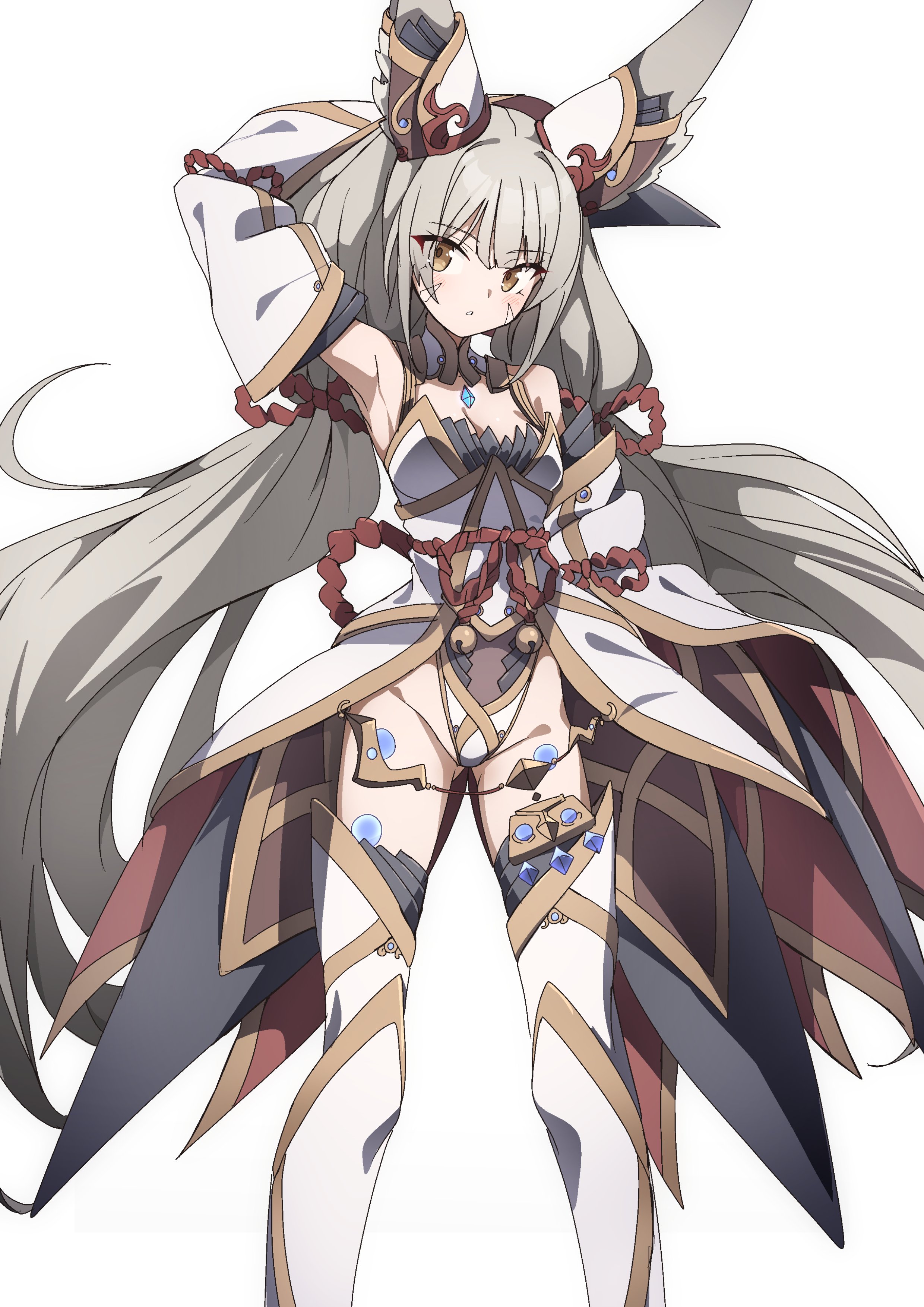 to (tototo tk), nia (blade) (xenoblade), nia (xenoblade), xenoblade chronicles (series), xenoblade chronicles 2, absurdres, highres, animal ears, cat ears, chest jewel, facial mark, grey hair, highleg, highleg leotard, leotard, low twintails, twintails, very long ears, yellow eyes