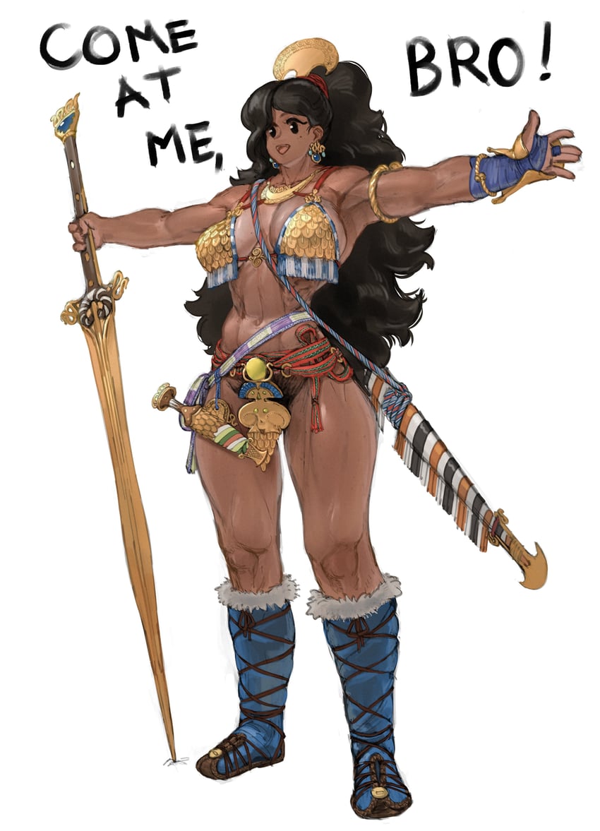 wass nonnam, bro-girl, 1girl, armor, bikini armor, black hair, dark-skinned female, dark skin, sword, weapon
