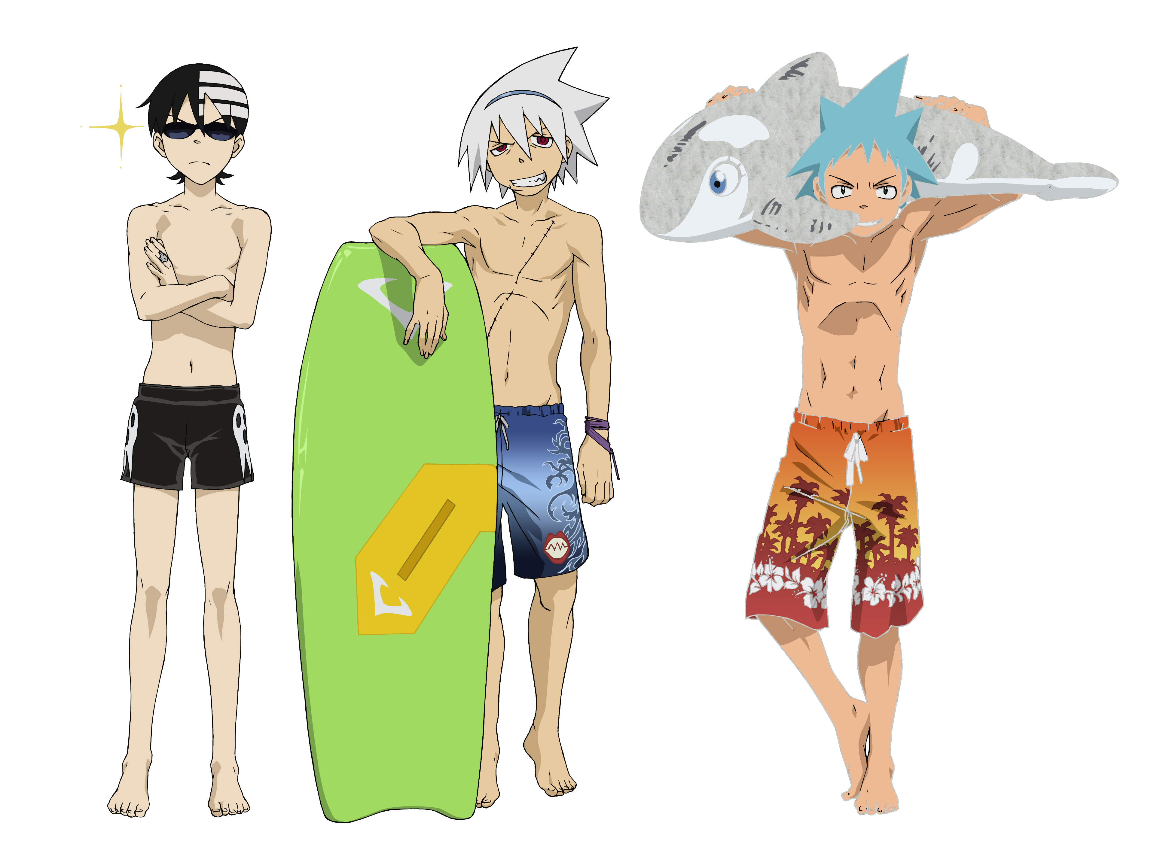 black star, death the kid, soul evans, soul eater, absurdres, highres, 00s, 3boys, barefoot, feet, glasses, male focus, multiple boys, navel, shorts, surfboard, swimsuit, toes, topless male
