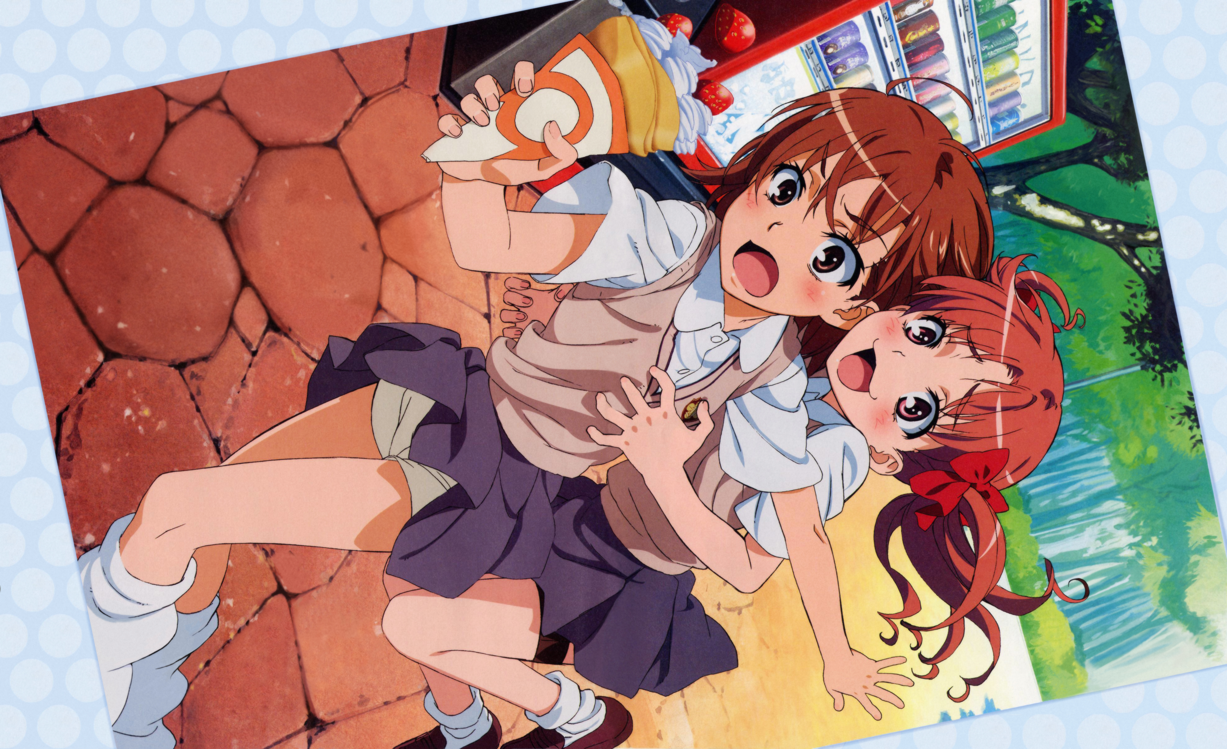 tanaka yuuichi, misaka mikoto, shirai kuroko, megami magazine, toaru kagaku no railgun, toaru majutsu no index, absurdres, detexted, highres, non-web source, official art, third-party edit, 00s, 2girls, ahoge, bike shorts, blush, bow, brown eyes, brown hair, crepe, flat chest, food, fruit, hair bow, long hair, multiple girls, open mouth, school uniform, short hair, shorts, sideways, socks, strawberry, twintails, upskirt, yuri