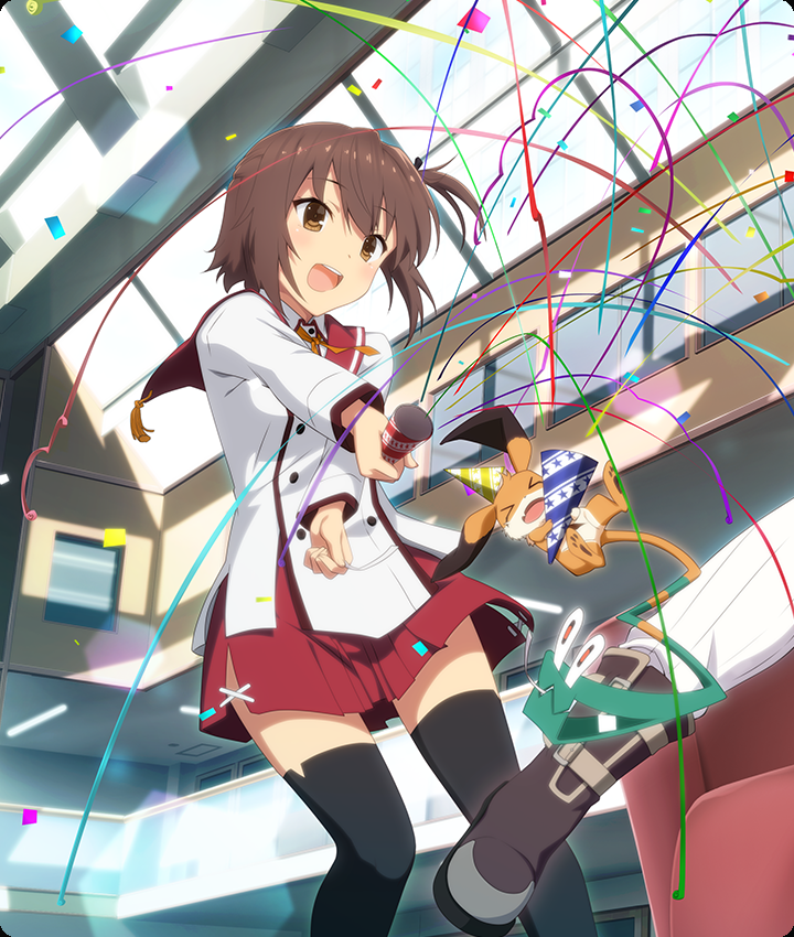 asakura mihono, etou kanami, nene (toji no miko), toji no miko, toji no miko: kizamishi issen no tomoshibi, game cg, official art, third-party source, > <, 2girls, :d, black thighhighs, blush, boots, brown boots, brown eyes, brown hair, buttons, confetti, couch, day, dot nose, double-breasted, hat, holding, holding party popper, indoors, long sleeves, minoseki gakuin uniform, multiple girls, non-circular lens flare, one side up, open mouth, party hat, party popper, red sailor collar, red skirt, sailor collar, school uniform, shirt, short hair, skirt, skylight, smile, streamers, teeth, thighhighs, upper teeth only, white shirt, yellow hat, zettai ryouiki