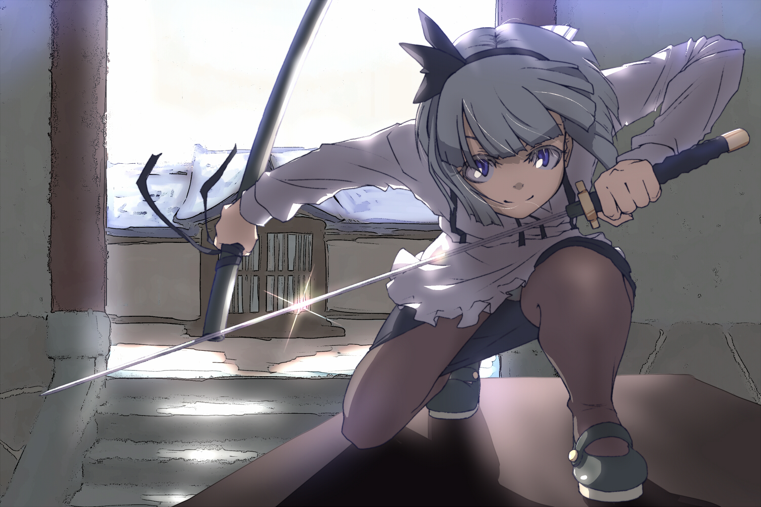 aya shachou, konpaku youmu, touhou, silver hair, 1girl, dual wielding, female focus, hairband, holding, katana, mary janes, panties, panties under pantyhose, pantyhose, pantyshot, purple eyes, sheath, shoes, short hair, solo, sword, tanto, underwear, upskirt, weapon