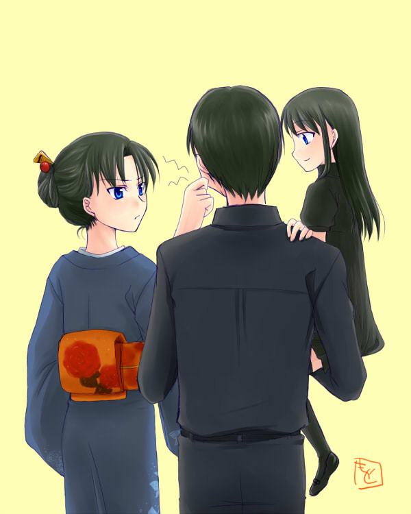 akasuga moyashi, moyasan, kokutou mikiya, ryougi mana, ryougi shiki, kara no kyoukai, type-moon, 1girl, 2boys, alternate hairstyle, black hair, blue eyes, blush, bride, child, family, glasses, holding hands, japanese clothes, kimono, multiple boys, pinching, short hair, spouse, wedding