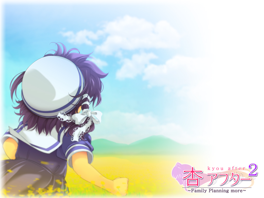 yoko juusuke, fujibayashi kyou, clannad, bad id, bad pixiv id, 00s, 1girl, child, cloud, day, dress, english text, engrish text, female focus, hair ribbon, hat, if they mated, outdoors, purple hair, ranguage, ribbon, sailor dress, school uniform, sky, solo