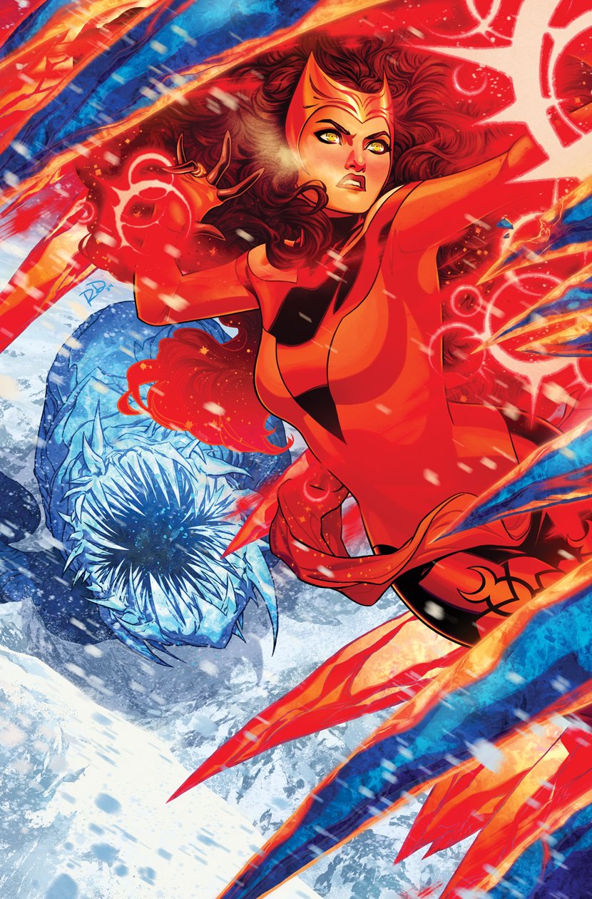 russell dauterman, scarlet witch, wanda maximoff, avengers (series), marvel, comic cover, commentary, english commentary, highres, official art, 1girl, black trim, breath, brown hair, curly hair, determined, dress, fighting, floating hair, glowing, green eyes, long hair, looking up, monster, off-shoulder dress, off shoulder, red dress, red lips, sharp teeth, snow, snowing, superhero costume, teeth, witch