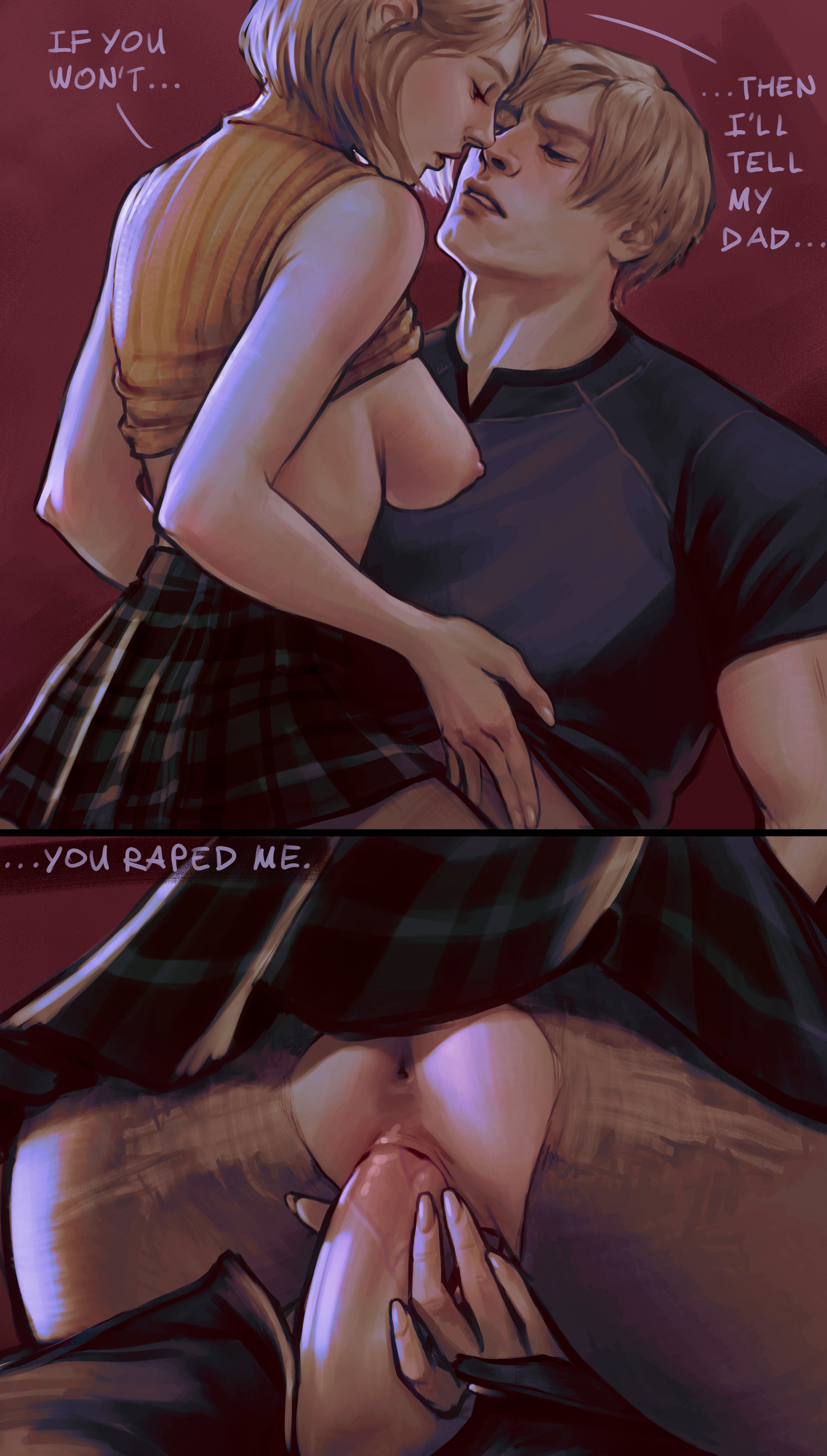 ashley graham, leon s. kennedy, resident evil, resident evil 4, resident evil 4 (remake), absurdres, highres, 1boy, 1girl, assertive female, blonde hair, breasts, english text, fishnet pantyhose, fishnets, guided penetration, noctyssa, pantyhose, sex, skirt, torn clothes, torn pantyhose, vaginal