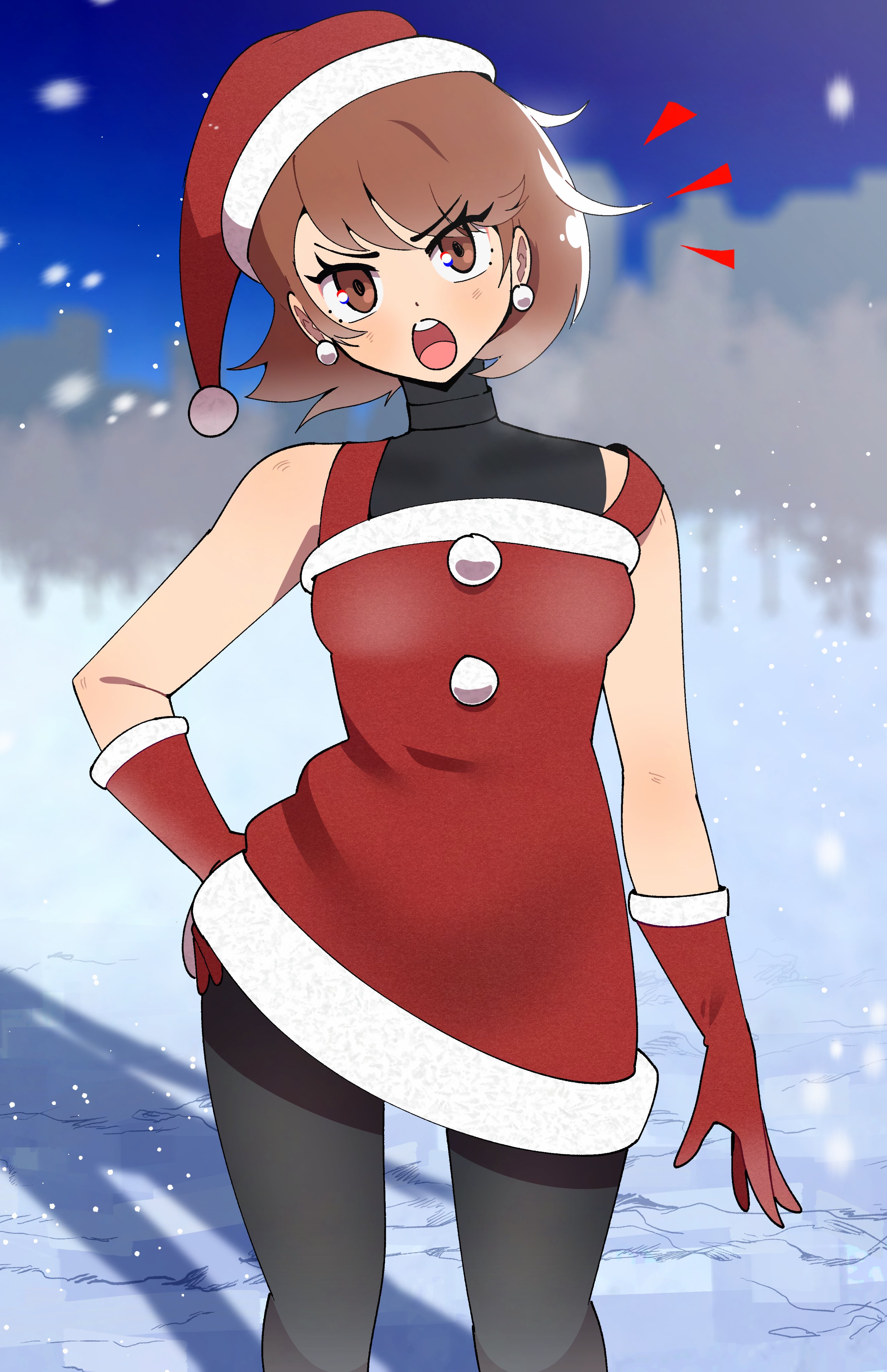 gjh, takeba yukari, persona, persona 3, absurdres, commentary, english commentary, highres, 1girl, alternate costume, bare shoulders, black pantyhose, black sweater, blurry, blurry background, blush, breasts, brown eyes, brown hair, christmas, dress, earrings, eyelashes, feet out of frame, flipped hair, fur-trimmed dress, fur-trimmed gloves, fur-trimmed headwear, fur trim, gloves, hand on own hip, hat, jewelry, looking at viewer, night, night sky, notice lines, open mouth, outdoors, pantyhose, pearl earrings, pom pom (clothes), red dress, red gloves, santa costume, santa hat, short hair, sky, snow, snowing, solo, standing, straight-on, strap slip, sweater, teeth, tree, turtleneck, turtleneck sweater, upper teeth only