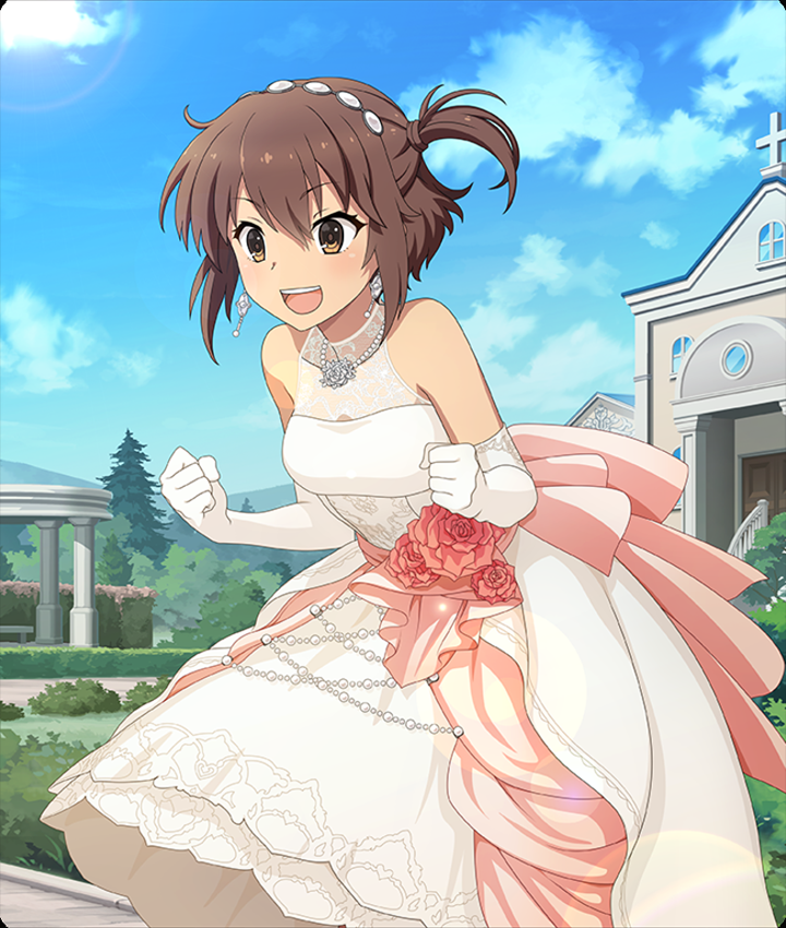 etou kanami, toji no miko, toji no miko: kizamishi issen no tomoshibi, game cg, official art, third-party source, 1girl, :d, bare shoulders, blue sky, blush, breasts, brown eyes, brown hair, bush, church, clenched hands, cloud, cross, day, dress, earrings, elbow gloves, floating earrings, flower, gloves, hands up, hedge, jewelry, leaning forward, medium breasts, necklace, one side up, open mouth, outdoors, pearl necklace, pillar, pink flower, pink rose, rose, short hair, sky, smile, solo, stone walkway, strapless, strapless dress, teeth, tree, upper teeth only, wedding dress, white dress, white gloves