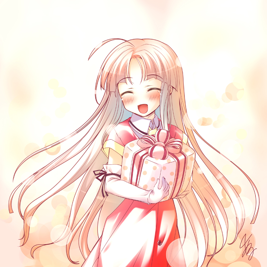 al azif (artist), aru (abyssinia), shikimori ibuki, happiness!, 00s, 1girl, ahoge, blush, closed eyes, elbow gloves, female focus, gift, gloves, happy, holding, holding gift, long hair, open mouth, smile, solo, tears, very long hair