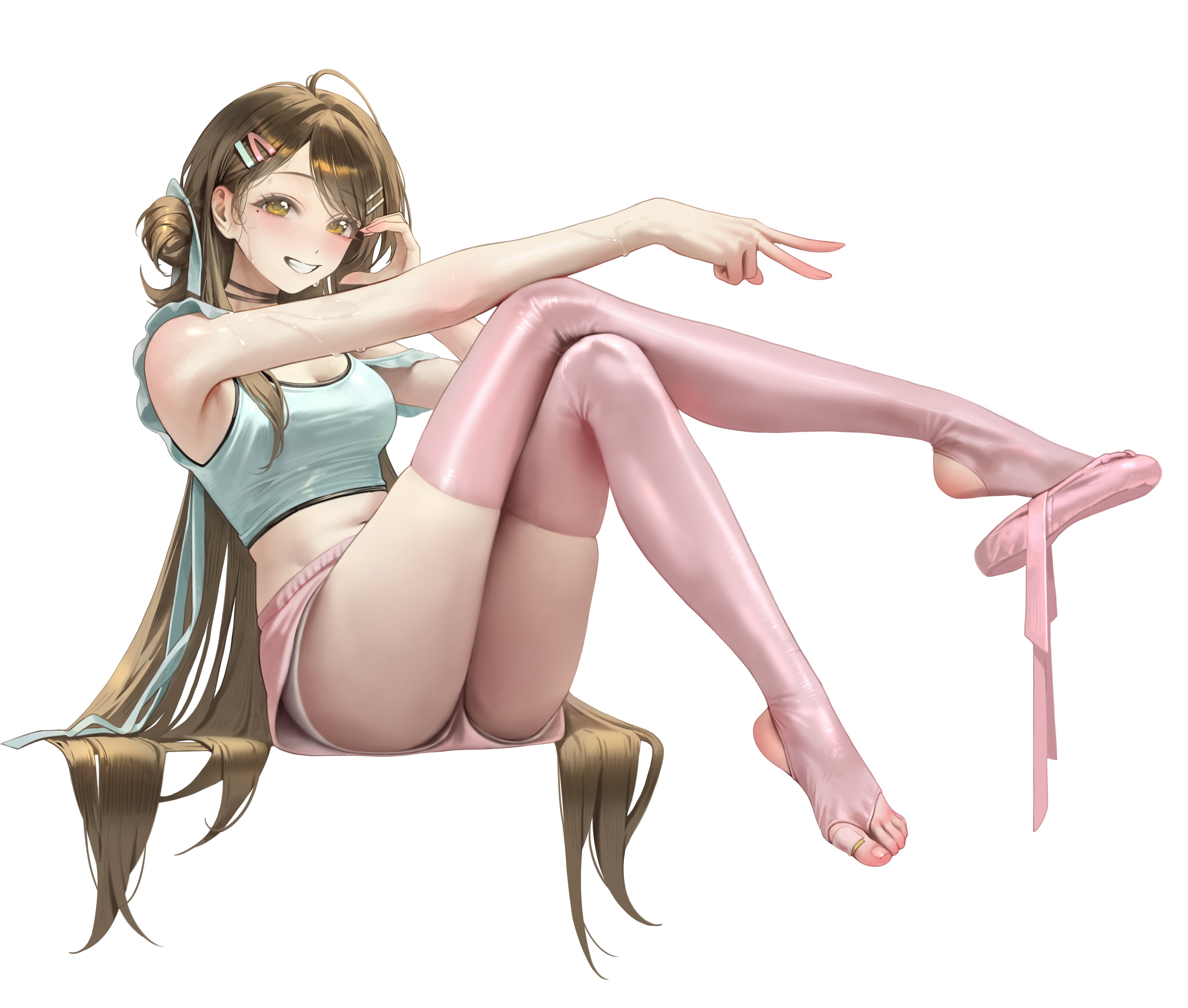 bangsom, asha (bangsom), original, absurdres, commentary, english commentary, highres, 1girl, ahoge, armpits, blush, breasts, brown eyes, brown hair, cleavage, crossed legs, dolphin shorts, full body, grin, hair bun, hair ornament, hairclip, half-heart hands, knees up, long hair, looking at viewer, medium breasts, off shoulder, panties, pantyshot, pink shorts, pink thighhighs, shirt, shorts, simple background, sitting, sleeveless, sleeveless shirt, smile, solo, sweat, teeth, thighhighs, thighs, toes, underwear, v, white background
