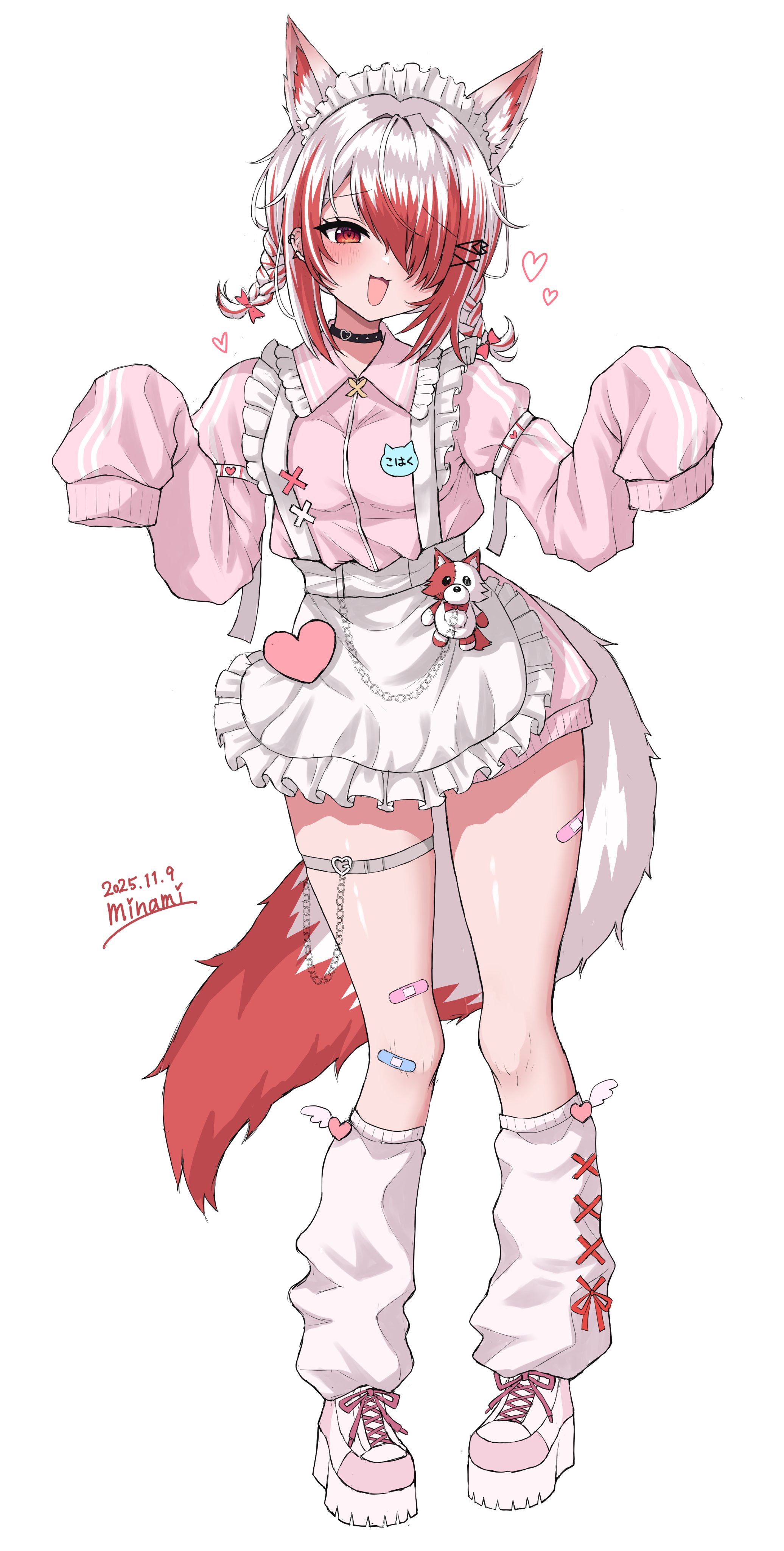 minami (minami summer), syusetu kohaku, reject (esports), absurdres, commentary request, highres, 1girl, animal ears, apron, artist name, bandaid, bandaid on leg, bandaid on thigh, black choker, bow, breasts, choker, dated, earrings, fox ears, fox girl, fox tail, garter straps, hair ornament, hairclip, heart, heart choker, jacket, jewelry, leg warmers, long sleeves, maid apron, maid headdress, multicolored hair, open mouth, pink jacket, pink leg warmers, pink shoes, red bow, red eyes, red hair, shoes, signature, single garter strap, sleeves past wrists, small breasts, solo, stuffed animal, stuffed toy, tail, thigh strap, thighs, two-tone hair, virtual youtuber, white background, white hair, x hair ornament