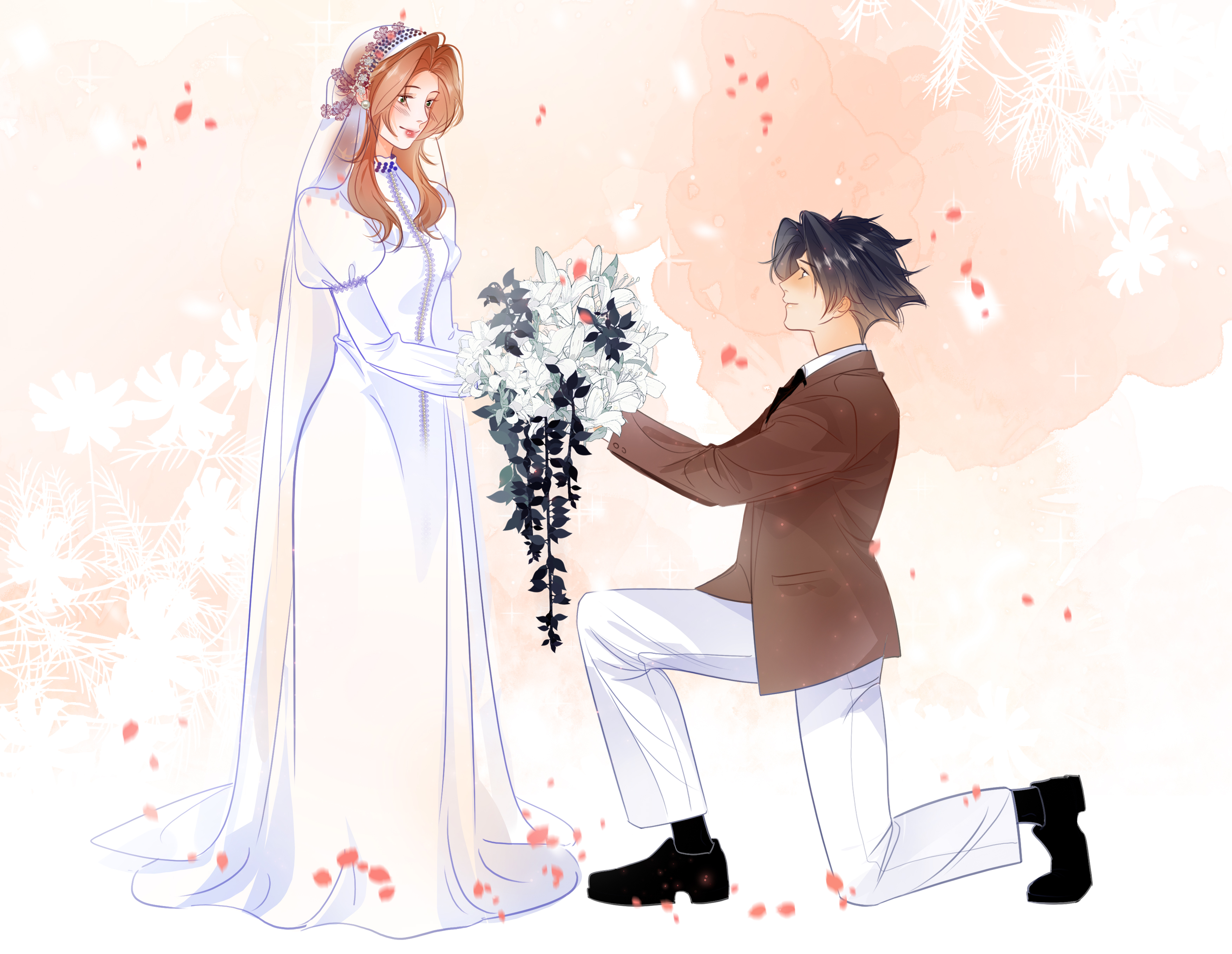 mianmian741, aerith gainsborough, zack fair, crisis core: final fantasy vii, final fantasy, final fantasy vii, absurdres, commentary request, highres, 1boy, 1girl, black hair, black necktie, black shoes, blush, bridal veil, brown hair, brown jacket, closed mouth, couple, dress, falling petals, flower, from side, full body, hair ornament, hetero, holding, holding flower, jacket, juliet sleeves, lips, long hair, long sleeves, looking at another, necktie, on one knee, pants, parted bangs, petals, puffy sleeves, shoes, short hair, sidelocks, smile, standing, veil, wedding dress, white dress, white flower, white pants