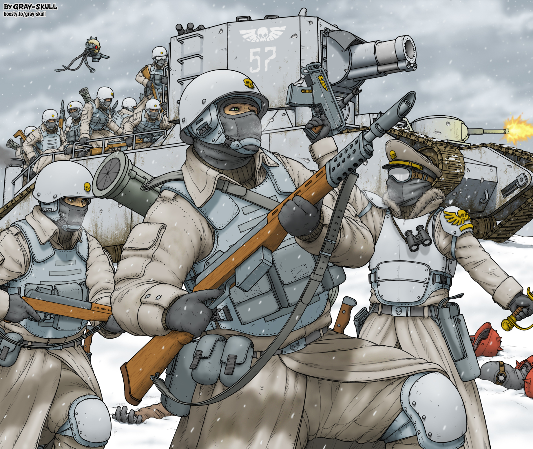 gray-skull, astra militarum, warhammer 40k, highres, 6+boys, armor, balaclava, belt, blood pact (warhammer 40k), body armor, bolt pistol, brown shirt, bulletproof vest, coat, firing, goggles, green eyes, gun, helmet, knee armor, lasgun, long sleeves, military vehicle, motor vehicle, multiple boys, muzzle flash, pants, pauldrons, pouch, power sword, ragnarok (warhammer 40k), rifle, rocket launcher, servo-skull, shirt, shoulder armor, snow, snowing, tank, valhallan ice warriors, weapon, white coat, white helmet, white pants, winter uniform, yellow eyes