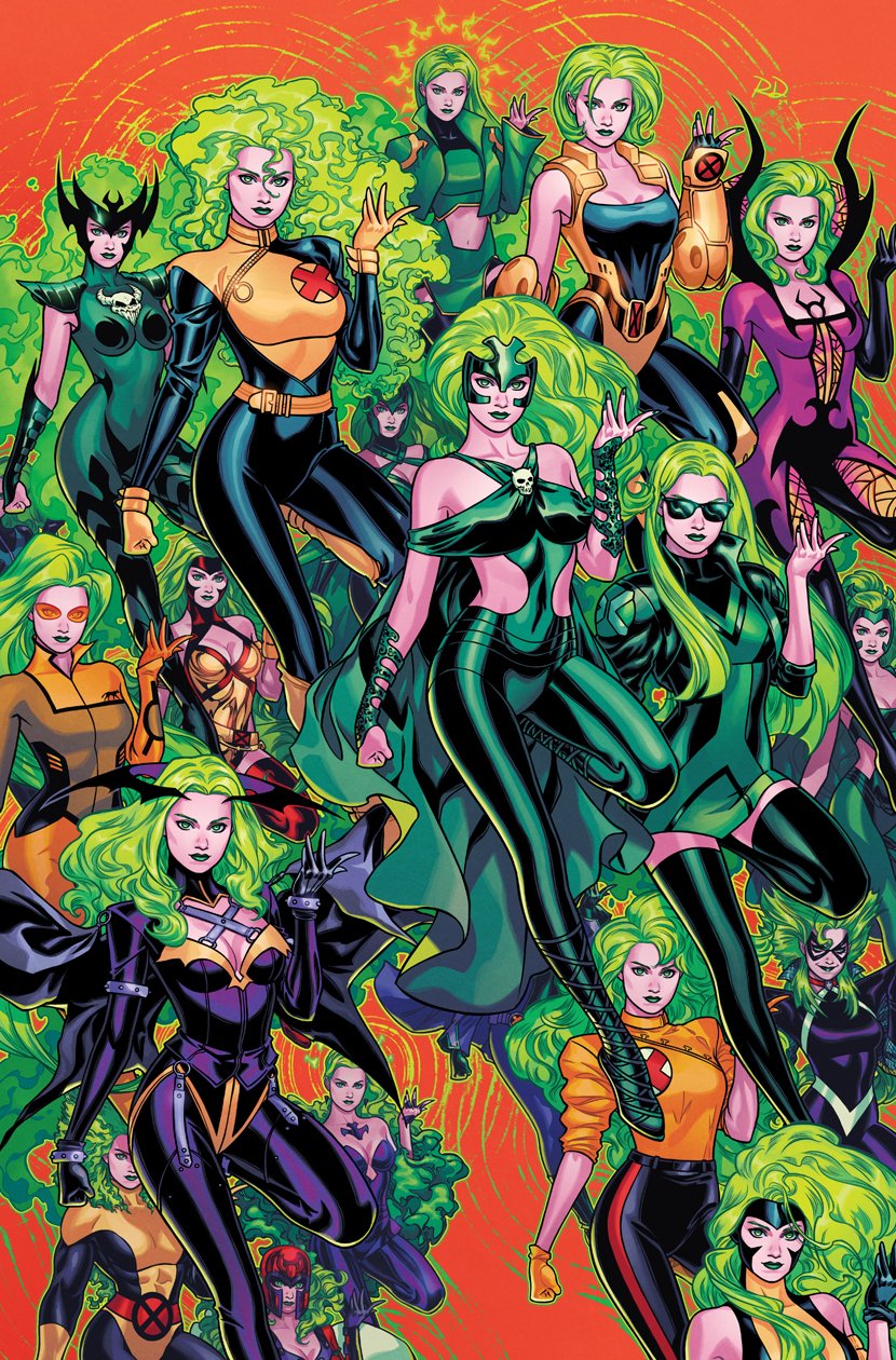 russell dauterman, magneto, polaris (x-men), marvel, x-men, comic cover, commentary, english commentary, highres, official art, textless version, 1girl, armor, bat wings, big hair, black dress, black thighhighs, bodysuit, breasts, cape, cleavage, clenched hand, clothing cutout, cosplay, covered abs, covered navel, cropped jacket, curly hair, domino mask, dress, eye mask, fake wings, green bodysuit, green cape, green dress, green eyes, green hair, green jacket, green lips, green nails, green theme, head wings, hip vent, jacket, long hair, looking at viewer, lorna dane, magneto (cosplay), mask, multiple persona, official alternate costume, orange background, pauldrons, shoulder armor, skull, stomach cutout, sunglasses, superhero costume, thighhighs, two-tone dress, wings, zettai ryouiki