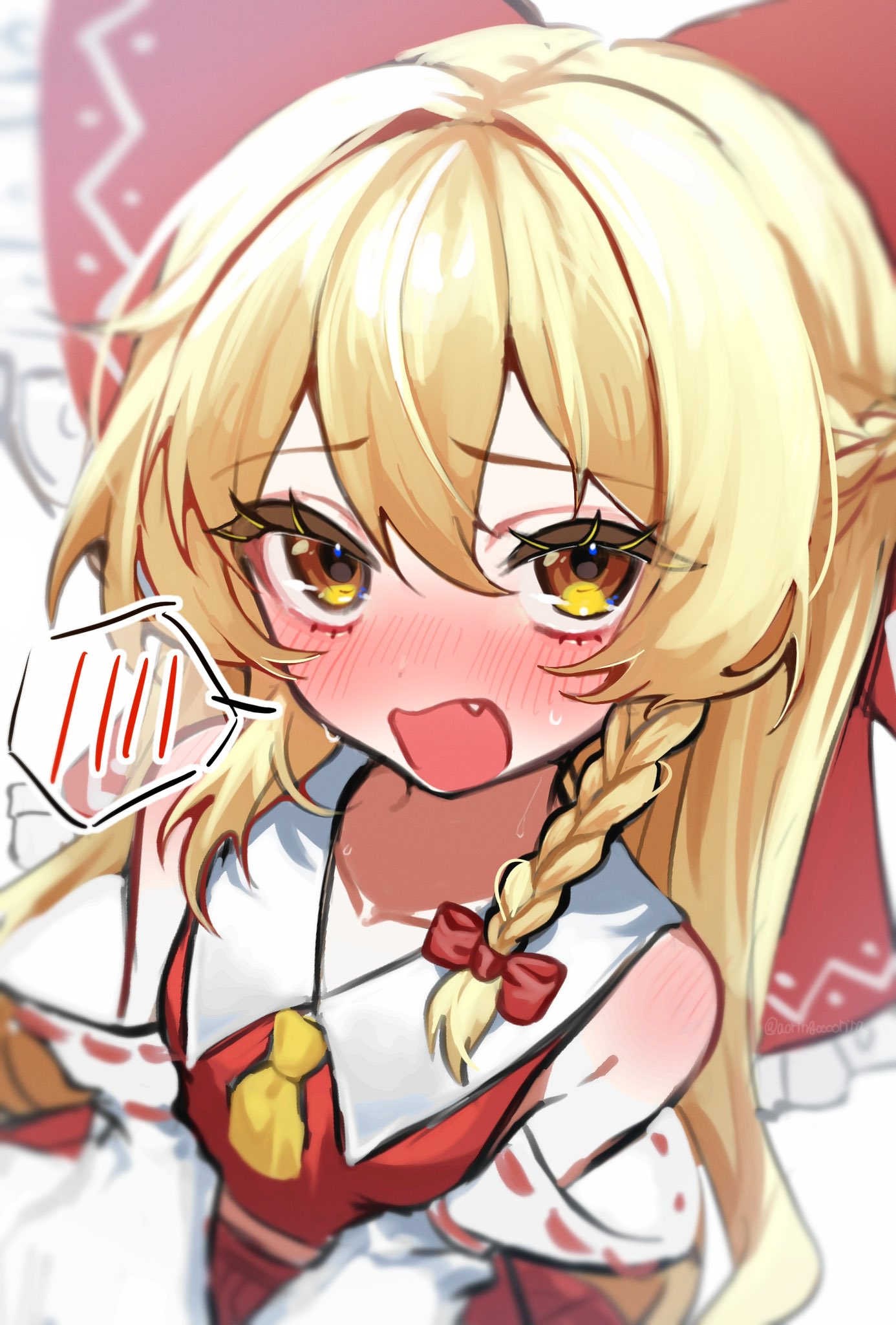 aorin oekaki, hakurei reimu, kirisame marisa, touhou, commentary request, highres, 1girl, alternate costume, ascot, blonde hair, blurry, blush, bow, braid, cosplay, depth of field, detached sleeves, embarrassed, fang, frilled bow, frilled hair tubes, frills, hair bow, hair tubes, hakurei reimu (cosplay), long hair, open mouth, red bow, red skirt, ribbon-trimmed sleeves, ribbon trim, side braid, single braid, skirt, skirt set, solo, spoken blush, sweat, yellow ascot, yellow eyes