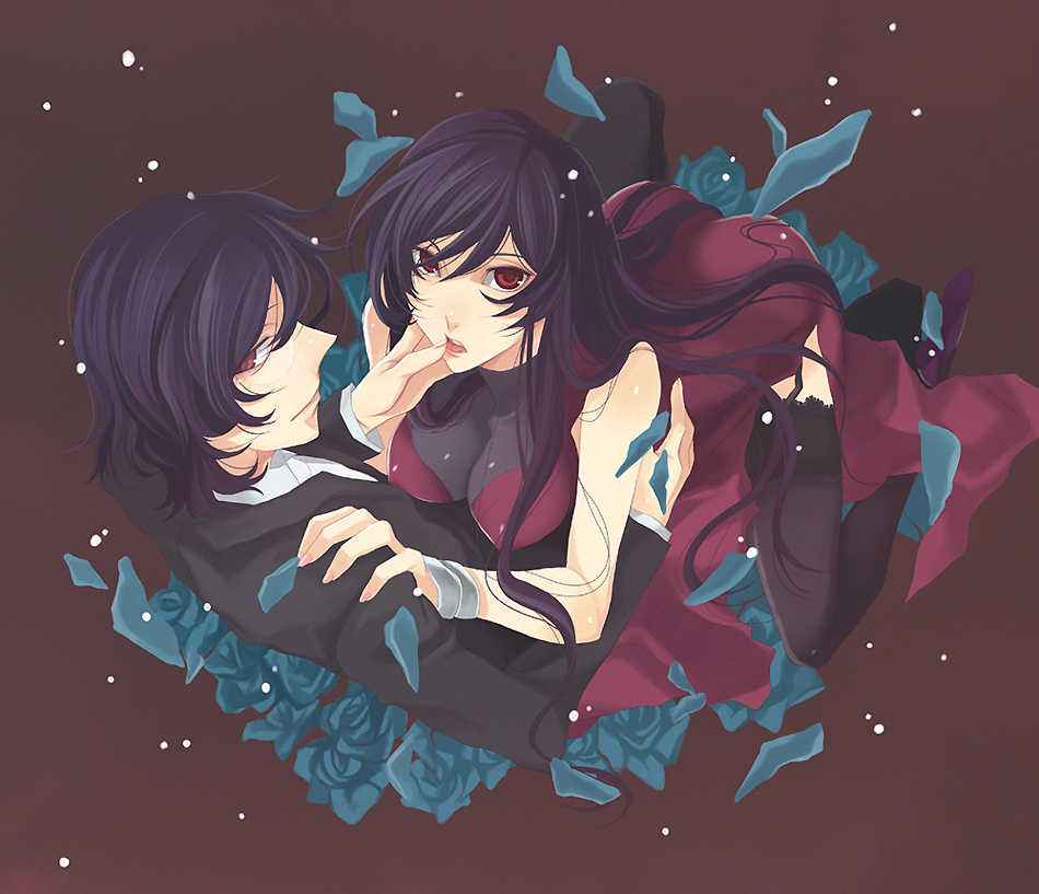 hirose azumi, regene regetta, tieria erde, gundam, gundam 00, bad id, bad pixiv id, 00s, 1girl, 2boys, breasts, crossdressing, innovators (gundam 00), large breasts, long hair, multiple boys, purple hair, red eyes, thighhighs, trap