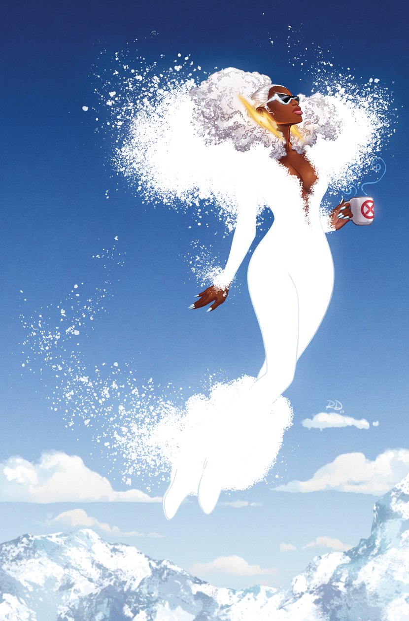 russell dauterman, storm (x-men), marvel, x-men, comic cover, commentary, english commentary, highres, official art, 1girl, big hair, blue sky, bodysuit, boots, breasts, cleavage, cleavage cutout, clothing cutout, cloud, cup, curly hair, dark-skinned female, dark skin, earrings, floating, full body, hair pulled back, holding, holding cup, jewelry, lightning bolt earrings, lightning bolt symbol, mountain, mug, sky, solo, sunglasses, white bodysuit, white boots, white hair, white nails, white theme