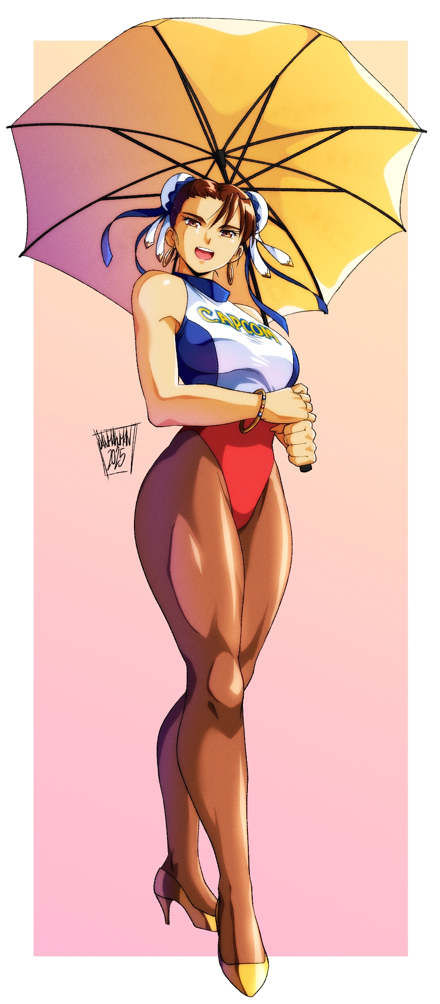 danmakuman, chun-li, capcom, street fighter, commentary, english commentary, highres, 1990s (style), 1girl, :d, alternate costume, border, bracelet, breasts, brown hair, bun cover, double bun, full body, hair bun, high heels, holding, holding umbrella, jewelry, large breasts, leotard, logo, looking at viewer, open mouth, pantyhose, race queen, retro artstyle, shiny skin, signature, smile, solo, standing, teeth, thick thighs, thighs, umbrella, upper teeth only, white border