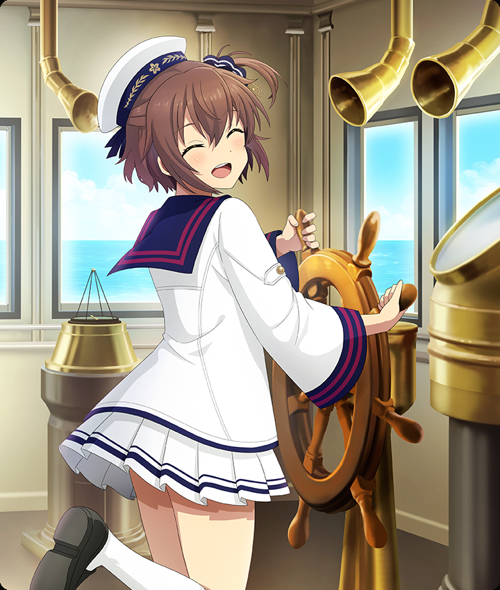 etou kanami, toji no miko, toji no miko: kizamishi issen no tomoshibi, game cg, official art, third-party source, 1girl, :d, black shoes, blue sailor collar, blue scrunchie, blue sky, blush, brown hair, closed eyes, cloud, day, dot nose, facing to the side, facing viewer, from side, hair ornament, hair scrunchie, hat, horizon, long sleeves, mini hat, ocean, one side up, open mouth, sailor collar, sailor hat, sailor shirt, scrunchie, ship's wheel, shirt, shoes, short hair, skirt, sky, smile, socks, solo, speaking tube, standing, standing on one leg, teeth, tilted headwear, upper teeth only, white hat, white shirt, white skirt, white socks, wide sleeves