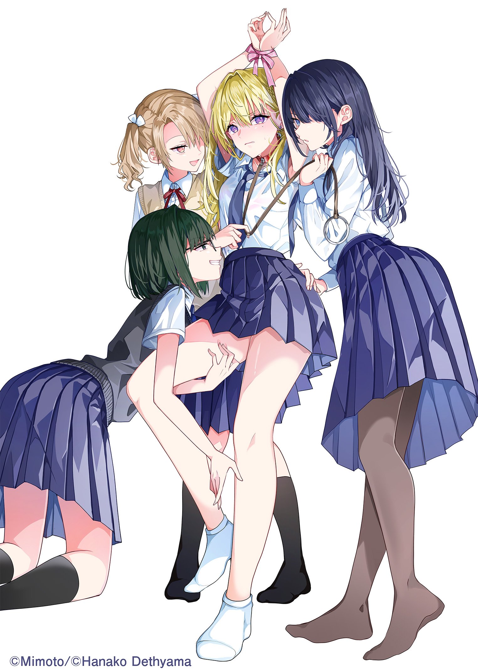 mimoto (aszxdfcv), character request, commentary request, highres, official art, second-party source, 4girls, arms up, ass, black socks, blonde hair, blue hair, blue necktie, blue skirt, bound, bound wrists, brown eyes, brown hair, brown sweater vest, chiyoko hanamura, collared shirt, copyright notice, curtained hair, glasses, green hair, grey pantyhose, grey sweater vest, grimace, grin, hair between eyes, hair over one eye, hand on another's thigh, kneeling, long bangs, long hair, long sleeves, looking at another, looking at viewer, miniskirt, multiple girls, neck ribbon, necktie, no shoes, one eye covered, open mouth, pantyhose, parted lips, pink ribbon, pleated skirt, purple eyes, red ribbon, ribbon, sakura sakine, school uniform, shirt, short hair, short sleeves, side part, simple background, skirt, smile, socks, standing, sweater vest, twintails, white background, white shirt, white socks, wing collar, yukishiro mafuyu (yuri no hajimari wa dorei kara), yuri, yuri no hajimari wa dorei kara