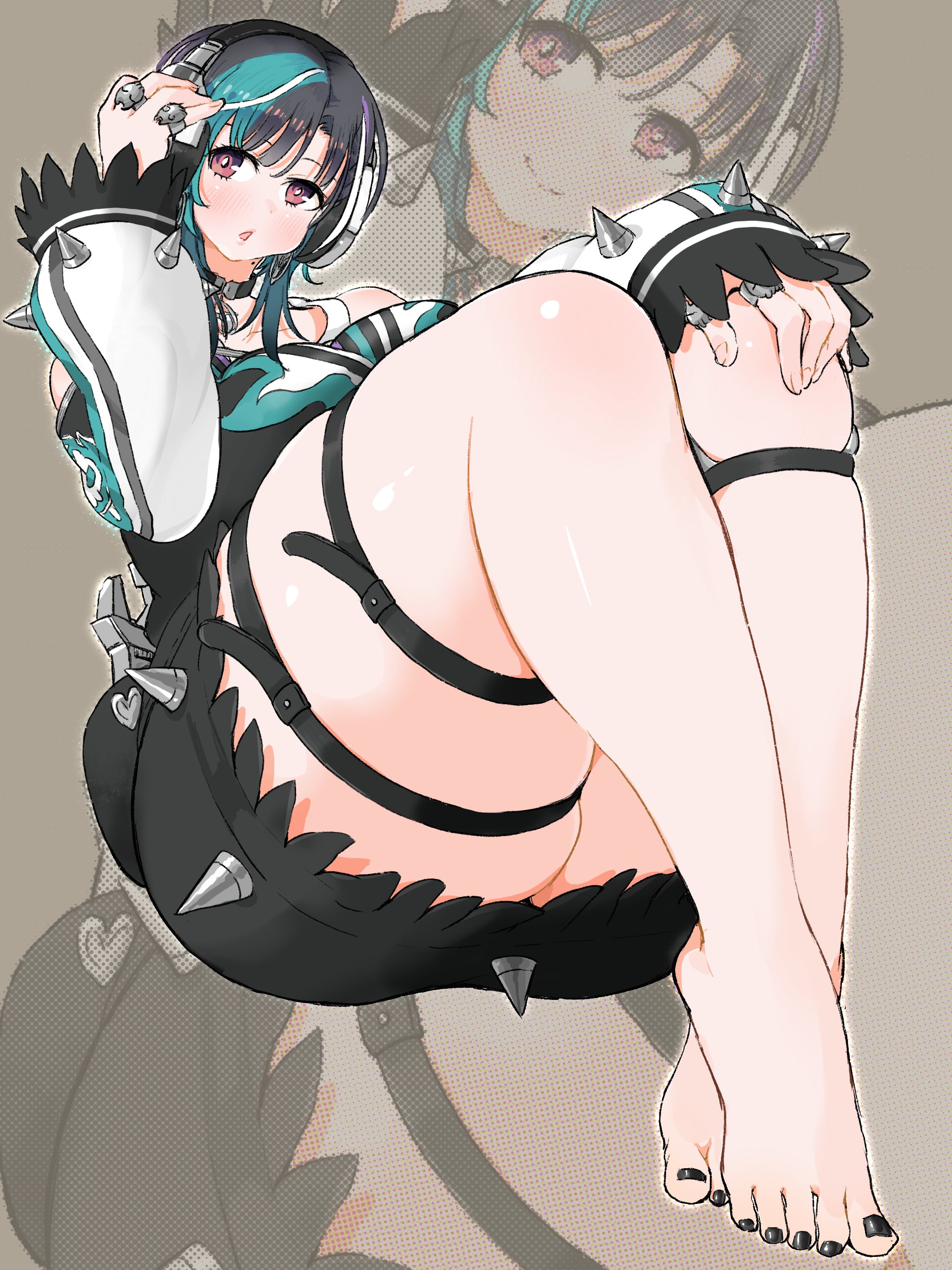 kono (konomi9a), rindo chihaya, hololive, hololive dev is, 1girl, barefoot, black choker, black hair, black jacket, black nails, black skirt, choker, earrings, feet, green hair, hand on own head, hand on own knee, headphones, jacket, jewelry, knees up, lips, mole, mole on neck, multicolored hair, multiple rings, nail polish, off-shoulder jacket, off shoulder, open mouth, pendant choker, pink eyes, ring, short hair, skindentation, skirt, solo, steering wheel, tank top, thick thighs, thigh strap, thighs, toenail polish, toenails, virtual youtuber, white tank top, wolf cut