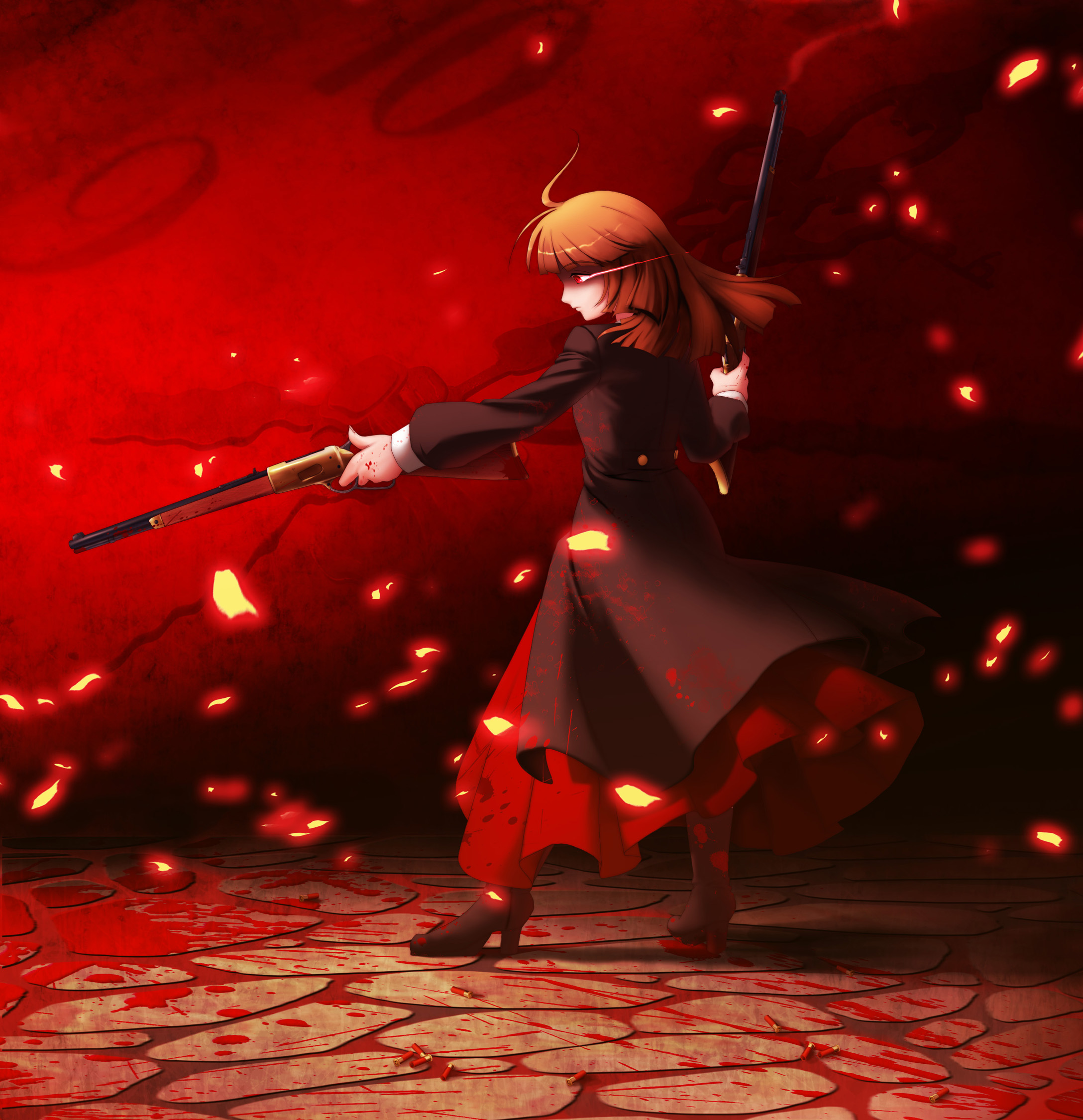vanilla 1000, ushiromiya rosa, umineko no naku koro ni, highres, 00s, blonde hair, blood, dual wielding, gun, hime cut, holding, lever action, red eyes, solo, weapon