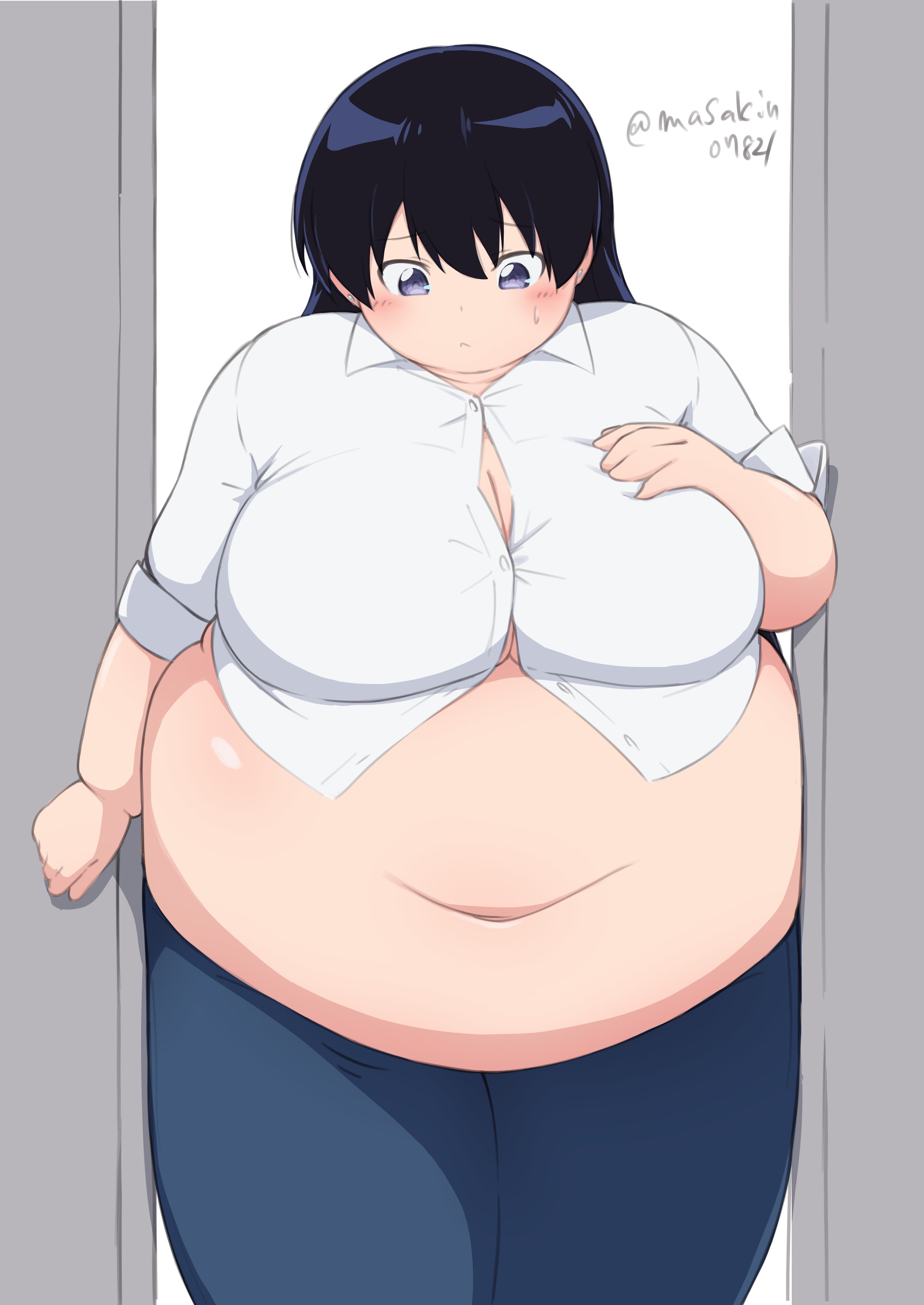 masakin, arato nagi, ruri no houseki, 1girl, black hair, blue pants, blush, breasts, button gap, cleavage, denim, doorway, embarrassed, fat, fat woman, hand on own chest, jeans, large breasts, long hair, looking down, navel, obese, pants, purple eyes, shirt, solo, standing, stuck, sweat, tight clothes, twitter username, weight conscious, white background, white shirt