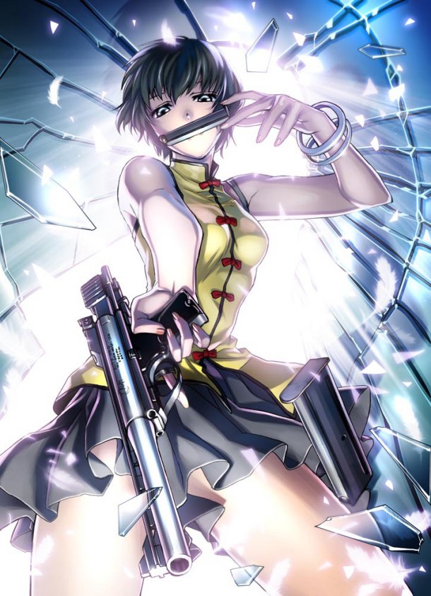 hiroe rei, ein (phantom of inferno), phantom of inferno, 1girl, female focus, glass, gun, magazine (weapon), skirt, solo, trigger discipline, weapon