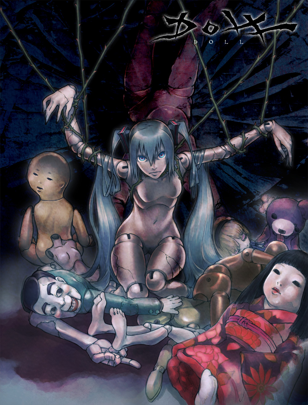 hanji (hansi), hagane miku, hatsune miku, hagane vocaloid, vocaloid, highres, 1girl, blue eyes, creepy, doll, horror (theme), lips, long hair, middle finger, twintails, very long hair