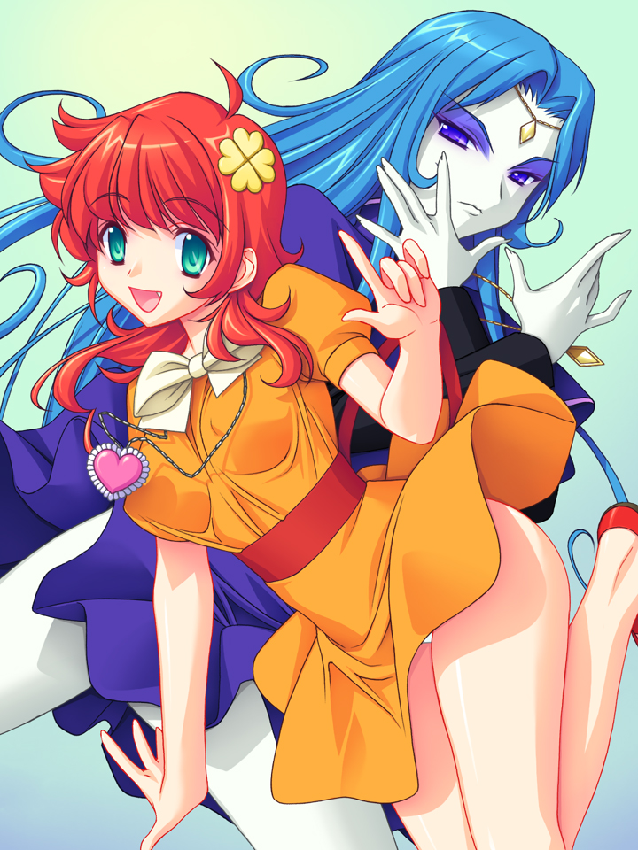 miyama amehiko, hibiki non, kanzaki megu, non (majokko megu-chan), majokko megu-chan, toei company, 1970s (style), 2girls, ahoge, blue hair, breasts, eyeshadow, fang, green eyes, heart, impossible clothes, impossible shirt, jewelry, magical girl, makeup, multiple girls, necklace, no socks, oldschool, panties, purple eyes, red hair, retro artstyle, shirt, underwear, upskirt