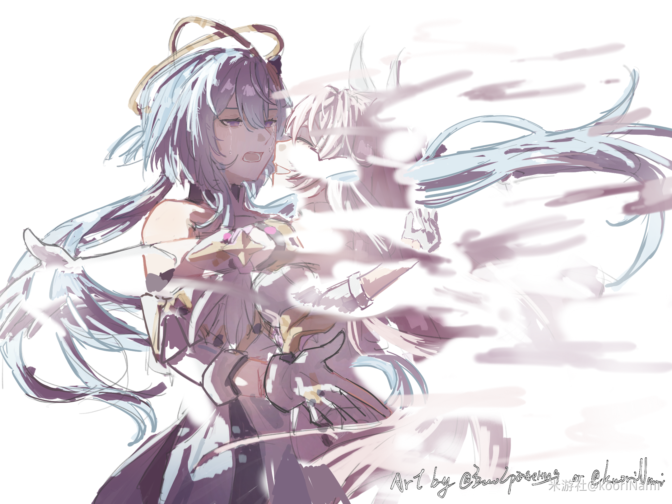 koorinami, elysia (herrscher of human: ego) (honkai impact), elysia (honkai impact), griseo, griseo (cosmic expression), honkai (series), honkai impact 3rd, chinese commentary, commentary request, highres, 2girls, breasts, crying, dress, fading, gloves, halo, hug, large breasts, long hair, miyoushe watermark, multiple girls, open mouth, pink hair, purple eyes, simple background, very long hair, watermark, white background, white dress, white gloves