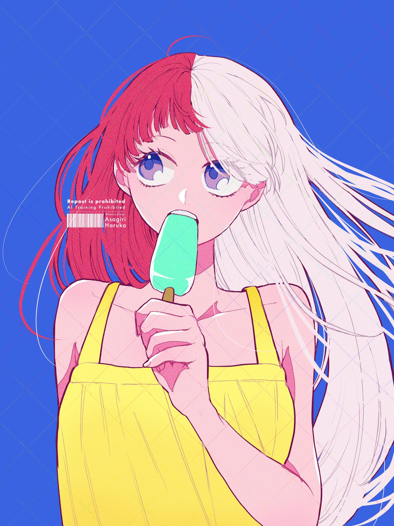 heart blody, uta (one piece), one piece, one piece film: red, commentary request, highres, 1girl, alternate costume, alternate hairstyle, asymmetrical bangs, bare arms, bare shoulders, blue background, candy, collarbone, dress, food, hair down, holding, holding candy, holding food, holding lollipop, lollipop, long hair, looking up, multicolored hair, purple eyes, red hair, solo, teeth, two-tone hair, upper body, upper teeth only, white hair, yellow dress