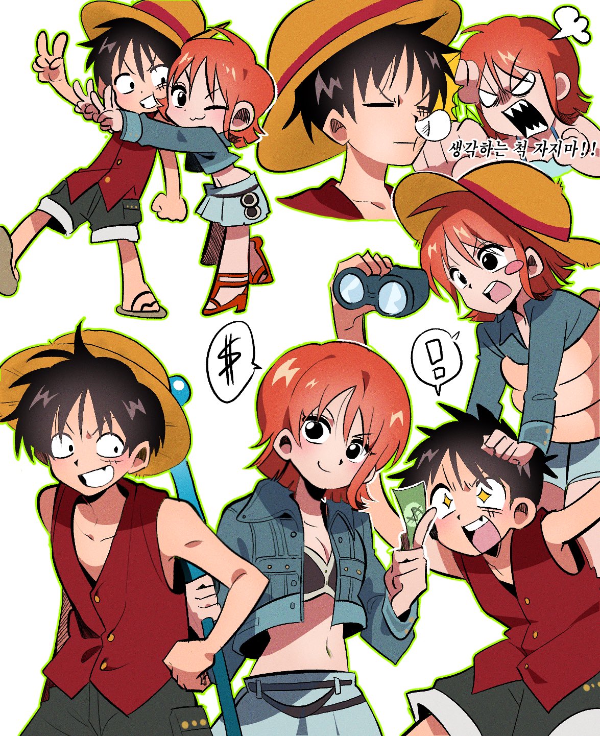 oplni19, monkey d. luffy, nami (one piece), one piece, highres, !, 1boy, 1girl, arm around waist, arms around neck, banknote, binoculars, black hair, black shorts, blue jacket, blue skirt, blush stickers, clima-tact, cowboy shot, crop top, denim, denim jacket, devil fruit power, double v, elasticity, extendable limbs, full body, hat, high heel sandals, high heels, holding, holding binoculars, holding money, holding staff, index finger raised, jacket, leaning on person, lifting person, midriff, miniskirt, money, multiple views, navel, nose bubble, official alternate costume, one eye closed, open clothes, open jacket, orange hair, pleated skirt, puff of air, red vest, sandals, sharp teeth, short hair, shorts, single sidelock, skirt, smile, sparkling eyes, spoken exclamation mark, staff, straw hat, teeth, upper body, v, vest