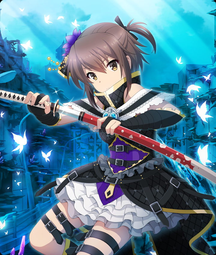 etou kanami, project tokyo dolls, toji no miko, toji no miko: kizamishi issen no tomoshibi, game cg, official art, third-party source, 1girl, bare shoulders, belt, black belt, black dress, black gloves, black ribbon, black skirt, blue sky, breasts, brown eyes, brown hair, bug, butterfly, city, dappled sunlight, drawing sword, dress, elbow gloves, flower, glint, gloves, glowing butterfly, hair flower, hair ornament, hair ribbon, high collar, holding, holding sheath, holding sword, holding weapon, insect, katana, layered skirt, medium breasts, multiple belts, one side up, outdoors, partially fingerless gloves, purple flower, ribbon, ruins, sheath, short hair, showgirl skirt, sidelocks, skindentation, skirt, sky, sleeveless, sleeveless dress, solo, sunlight, sword, thigh belt, thigh strap, unsheathing, weapon, white skirt