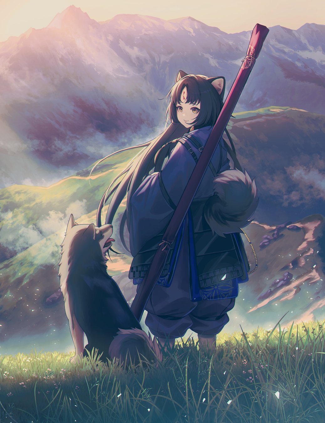 ev-oo, saga (arknights), arknights, commentary, english commentary, highres, 1girl, animal ears, black hair, black kimono, dog, dog ears, dog girl, dog tail, facial mark, feet out of frame, forehead mark, grass, heavy breathing, japanese clothes, kimono, long hair, looking at animal, mountain, mountainous horizon, naginata, open mouth, orange sky, outdoors, pants, pants rolled up, polearm, purple pants, shiba inu, sky, smile, solo, tail, tongue, very long hair, weapon