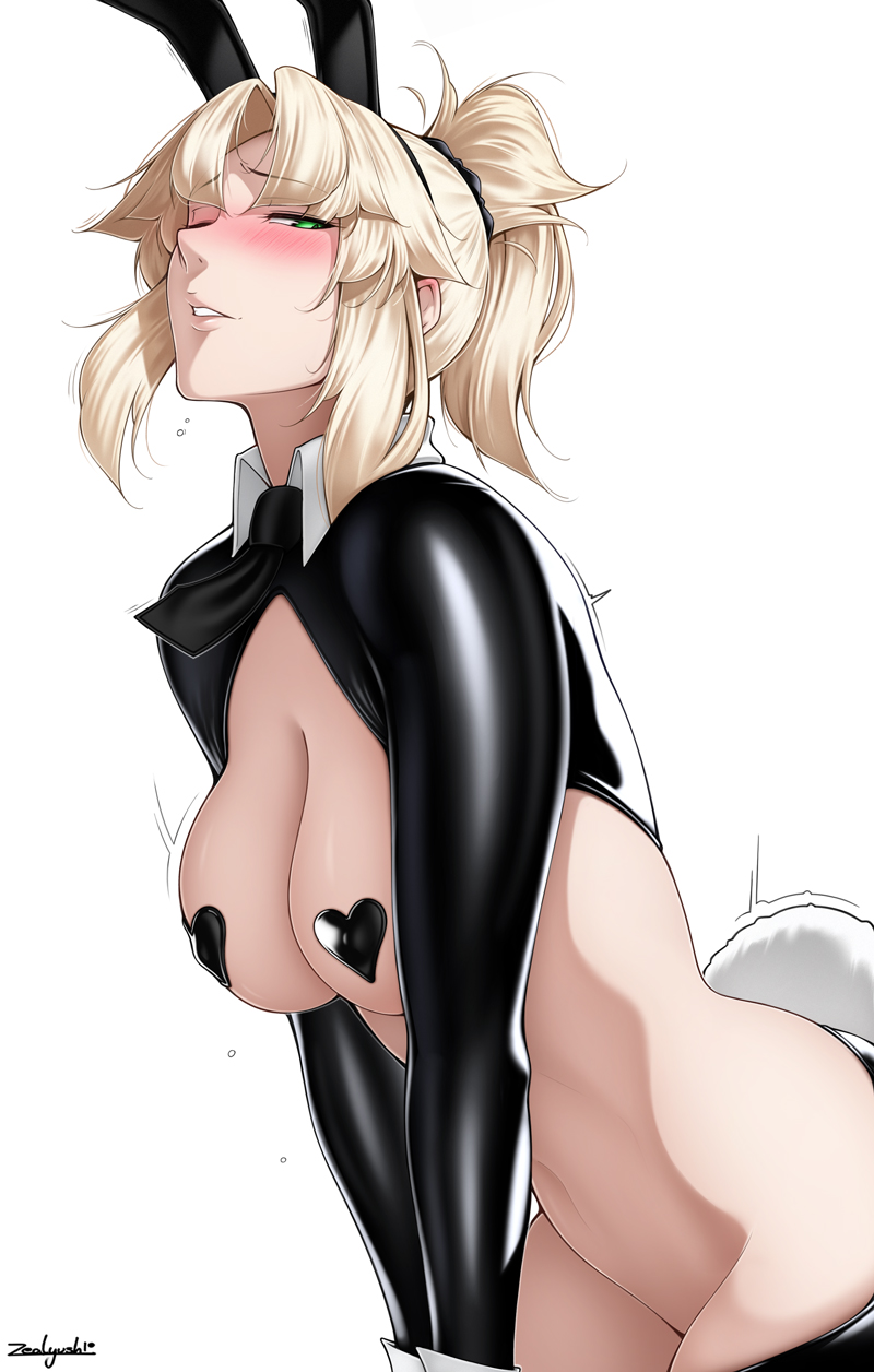 zealyush, mordred (fate), fate/apocrypha, fate/grand order, fate (series), commentary, english commentary, highres, 1girl, alternate breast size (larger), animal ear hairband, animal ears, blonde hair, breasts, fake animal ears, green eyes, hairband, heart pasties, high ponytail, large breasts, parted lips, pasties, playboy bunny, ponytail, rabbit ear hairband, rabbit ears, rabbit tail, reverse bunnysuit, reverse outfit, solo, tail, white background