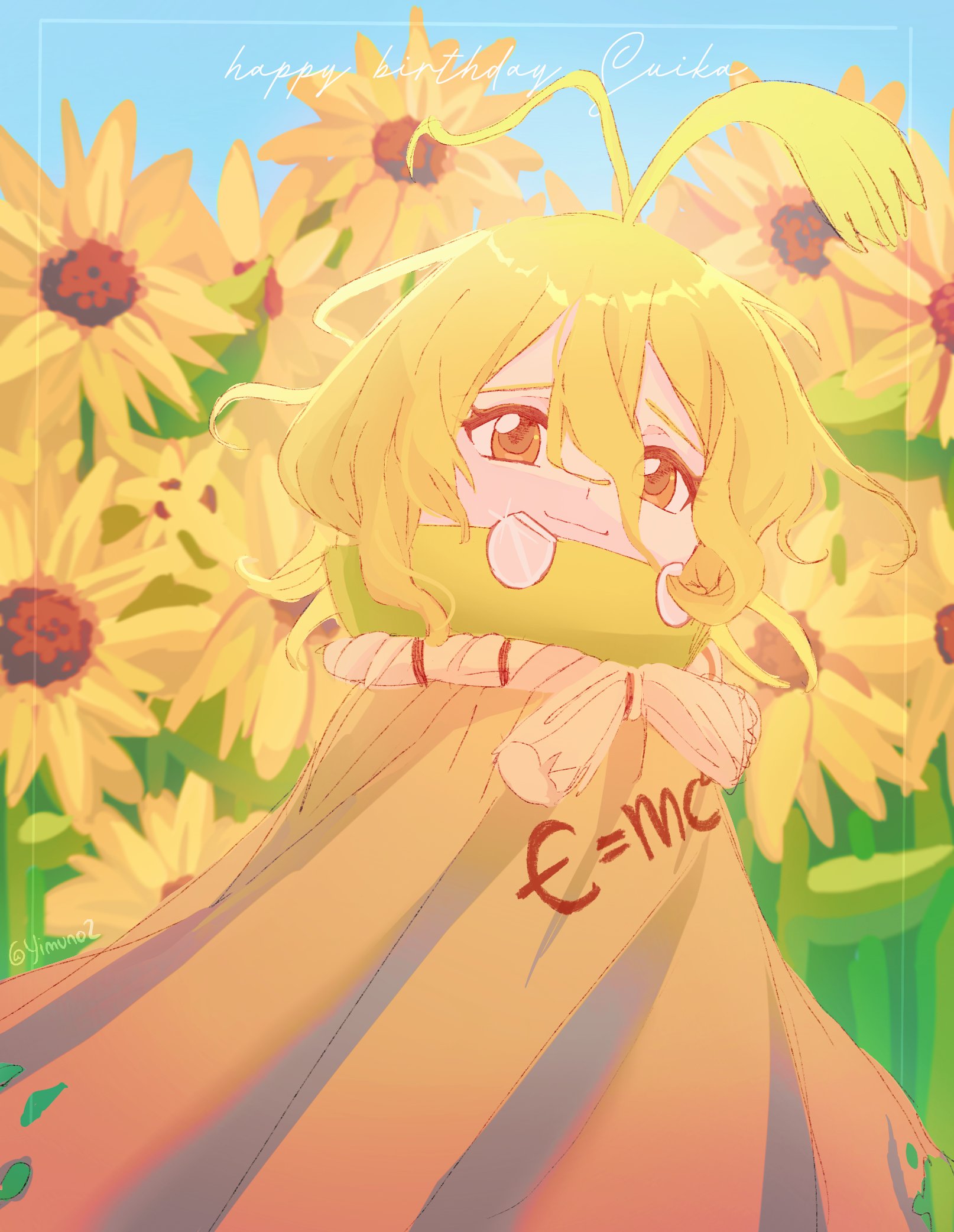 suika (dr.stone), dr. stone, commentary request, highres, 1girl, ahoge, antenna hair, antennae, birthday, blonde hair, blue sky, brown eyes, cape, character name, closed mouth, curly hair, e=mc2 (equation), field, flower, flower field, food, fruit, hair between eyes, happy birthday, looking at viewer, medium hair, orange eyes, outdoors, rope, rope around neck, short hair, sky, smile, solo, sunflower, torn clothes, twitter username, watermelon, white rope, yellow cape, yellow flower, yimuno