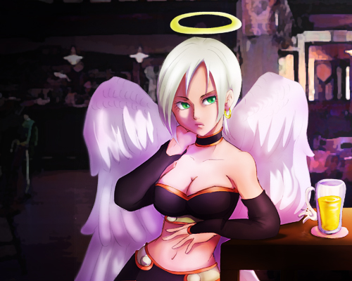 izuna88, raviel, dragon quest, dragon quest ix, level-5, silver hair, lowres, 1girl, alcohol, angel wings, bar (place), beer, bikini, bikini top only, breasts, bridal gauntlets, choker, cleavage, earrings, elbow gloves, female focus, gloves, green eyes, halo, jewelry, large breasts, midriff, short hair, solo, swimsuit, wings