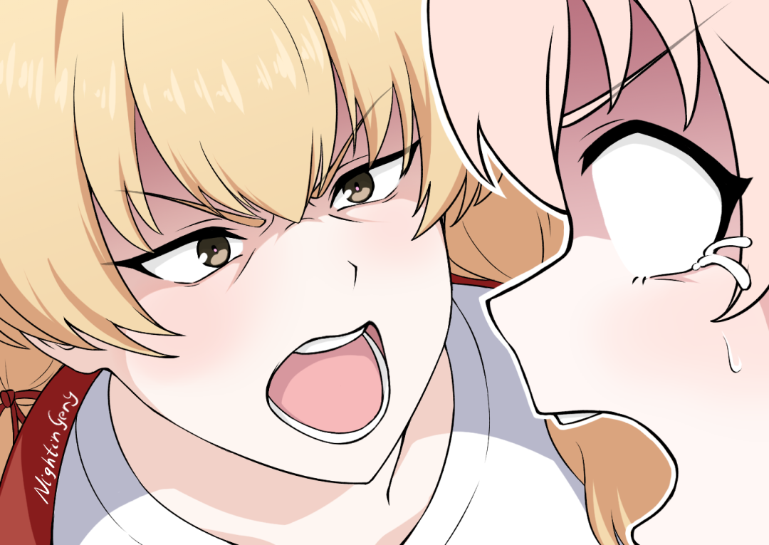 nightingery, natsu (band) (blue archive), natsu (blue archive), yoshimi (band) (blue archive), yoshimi (blue archive), blue archive, whiplash (2014 movie), commentary, english commentary, 2girls, artist name, blank eyes, blonde hair, brown eyes, crying, crying with eyes open, from side, hair intakes, hair ribbon, jacket, long hair, low twintails, multiple girls, official alternate costume, pink hair, red jacket, ribbon, screaming, shaded face, shirt, short hair, surprised, sweatdrop, tears, twintails, v-shaped eyebrows, white shirt