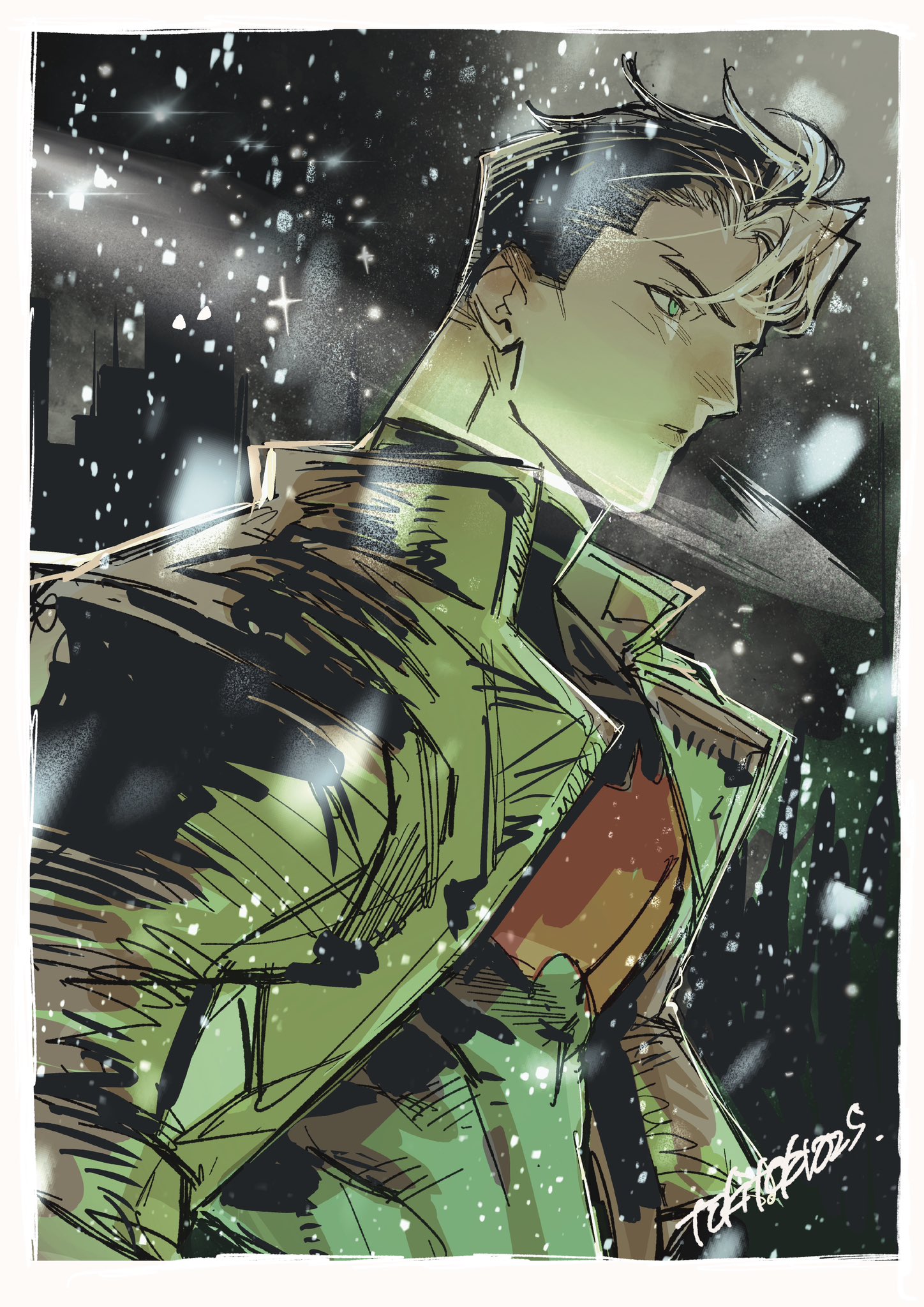 tokitokororo, jason todd, red hood (dc), batman (series), dc comics, red hood and the outlaws, highres, 1boy, artist name, bat signal, batman symbol, black hair, bodysuit, brown jacket, grey bodysuit, jacket, male focus, multicolored bodysuit, muscular, muscular male, short hair, superhero costume, taut bodysuit, two-tone bodysuit