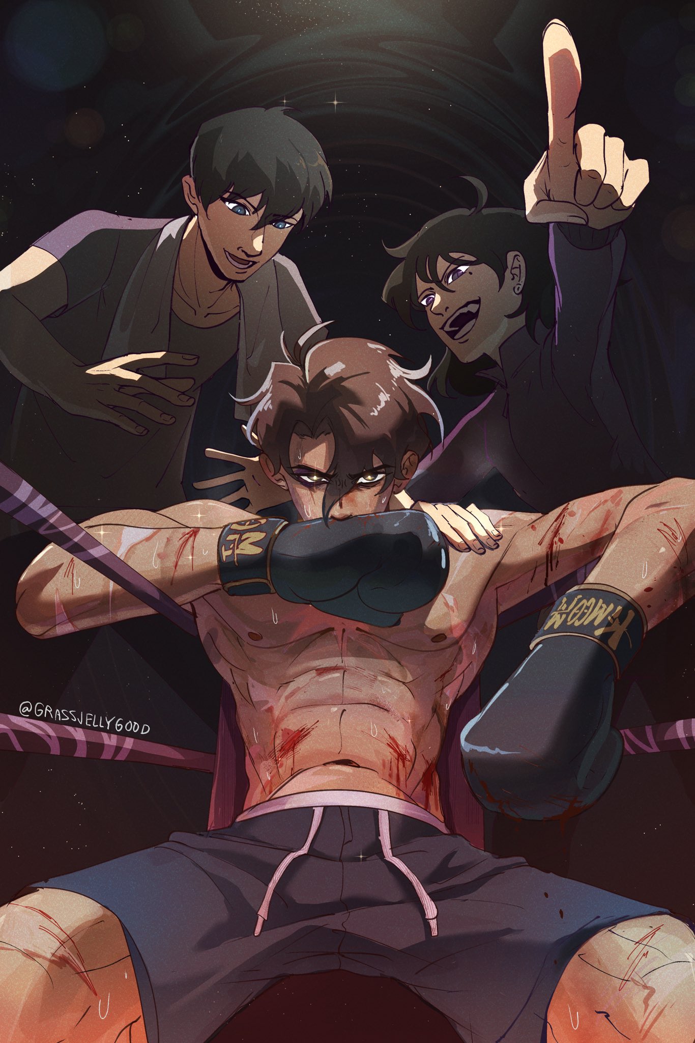 han sooyoung, kim dokja, yoo joonghyuk, omniscient reader's viewpoint, commentary, english commentary, highres, 1girl, 2boys, abs, backlighting, bags under eyes, black eyes, bleeding, blood, blue eyes, boxing gloves, boxing ring, boxing shorts, brown hair, bruise, cowboy shot, from below, furrowed brow, grassjellyg00d, grin, injury, lens flare, mole, mole under eye, multiple boys, muscular, muscular male, narrowed eyes, navel, open mouth, pectorals, pointing, purple eyes, scar, scar on arm, shirt, short hair, shorts, smile, spread legs, strongman waist, t-shirt, towel, towel around neck, wiping face, yellow pupils