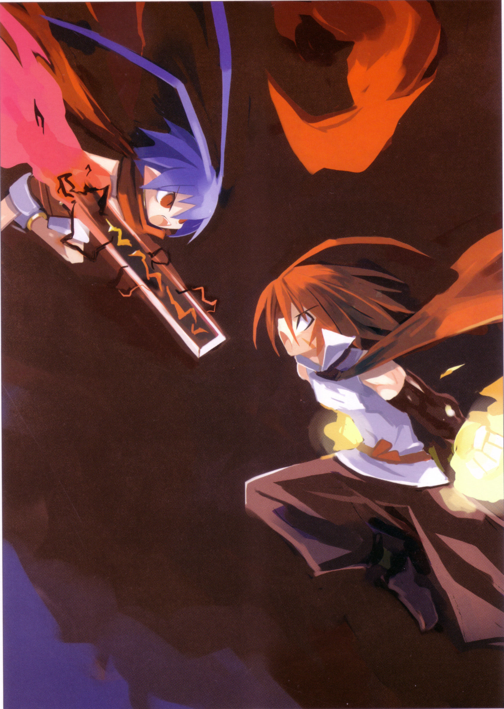 harada takehito, adell (disgaea), laharl, disgaea, makai senki disgaea, makai senki disgaea 2, highres, scan, 00s, 2boys, antenna hair, black pants, blue hair, male focus, multiple boys, pants, red hair, red shorts, scarf, shorts, sword, weapon
