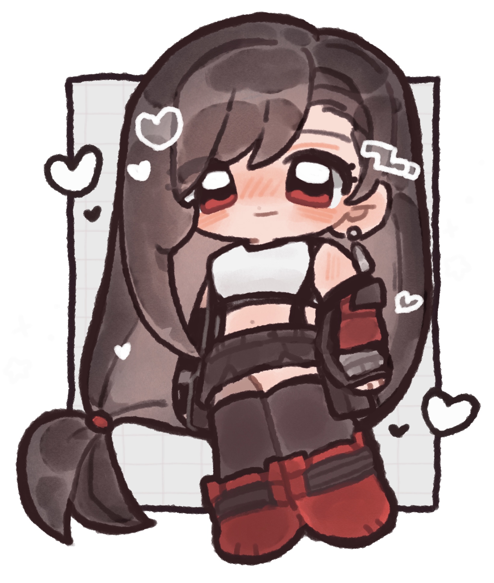 tifa lockhart, final fantasy, final fantasy vii, final fantasy vii remake, commentary, highres, symbol-only commentary, 1girl, bare shoulders, black gloves, black hair, black skirt, black thighhighs, blush, blym7oym7759061, boots, breasts, closed mouth, crop top, earrings, elbow gloves, fingerless gloves, full body, gloves, heart, jewelry, long hair, looking at viewer, low-tied long hair, miniskirt, red boots, red eyes, single earring, skirt, smile, solo, standing, suspender skirt, suspenders, tank top, thighhighs, very long hair, white tank top, zettai ryouiki