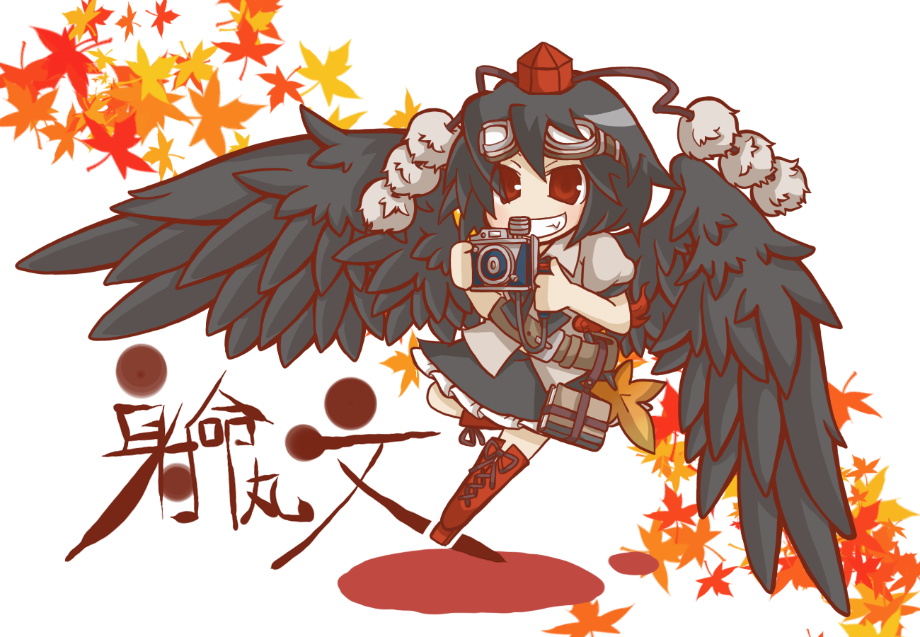 gurageida, shameimaru aya, touhou, 1girl, black hair, black wings, camera, character name, chibi, fang, female focus, full body, geta, goggles, grin, hat, leaf, looking at viewer, maple leaf, red eyes, short hair, smile, solo, tengu-geta, thighhighs, tokin hat, wings
