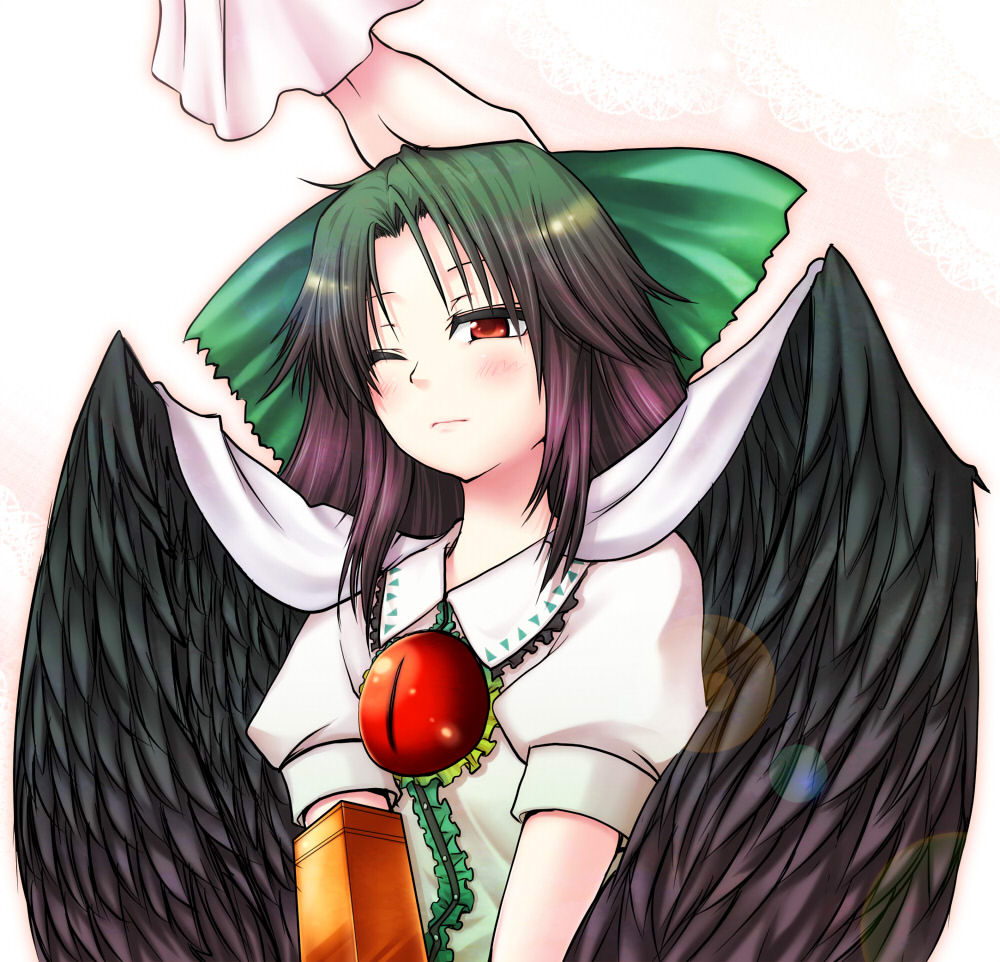 mokku, reiuji utsuho, touhou, 1girl, blush, female focus, head pat, headpat, one eye closed, red eyes, solo focus, wings, wink