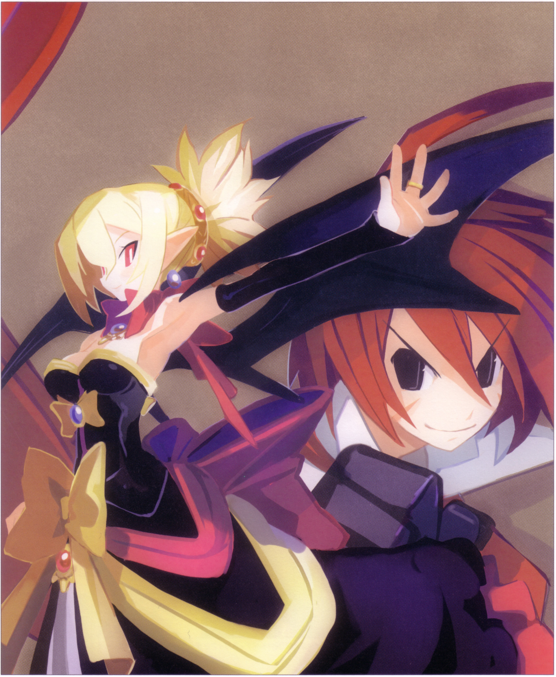 harada takehito, adell (disgaea), rozalin, disgaea, makai senki disgaea 2, highres, official art, scan, 1boy, 1girl, armpits, blonde hair, bow, dress, red eyes, red hair, strapless, strapless dress, yellow bow