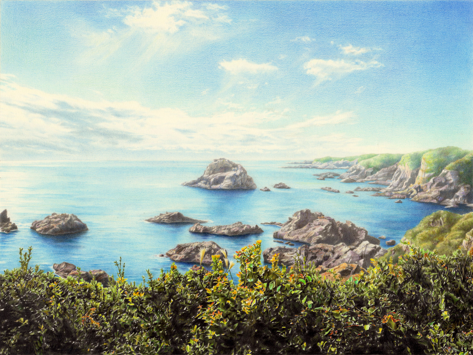 hagane yama, original, colored pencil (medium), commentary request, highres, traditional media, blue sky, cloud, day, horizon, island, no humans, ocean, outdoors, photorealistic, realistic, scenery, shore, sky