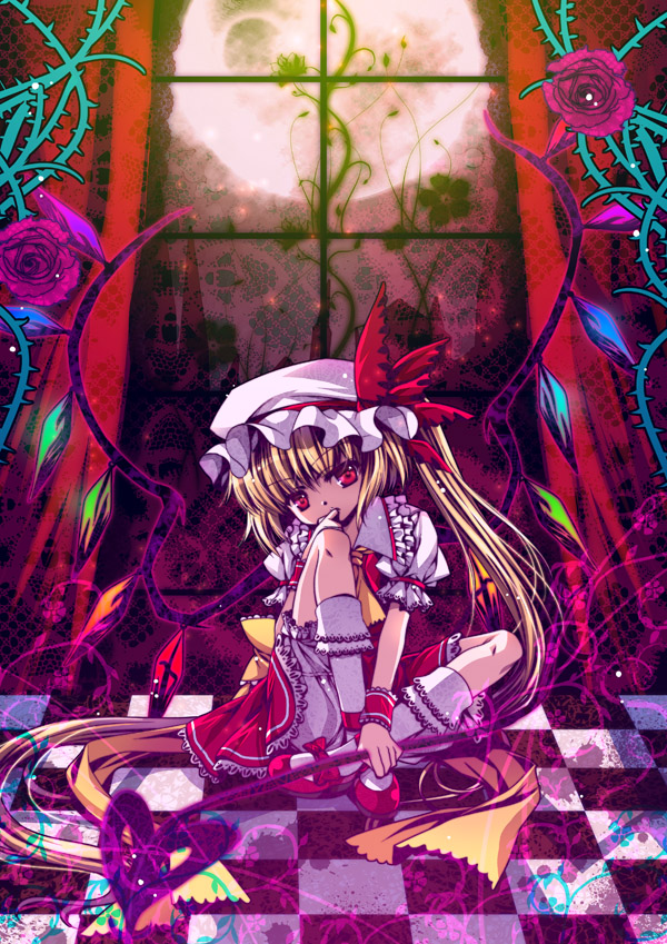 capura lin, flandre scarlet, touhou, 1girl, blonde hair, female focus, flower, hat, moon, plant, ponytail, red eyes, rose, short hair, side ponytail, solo, vines, wings