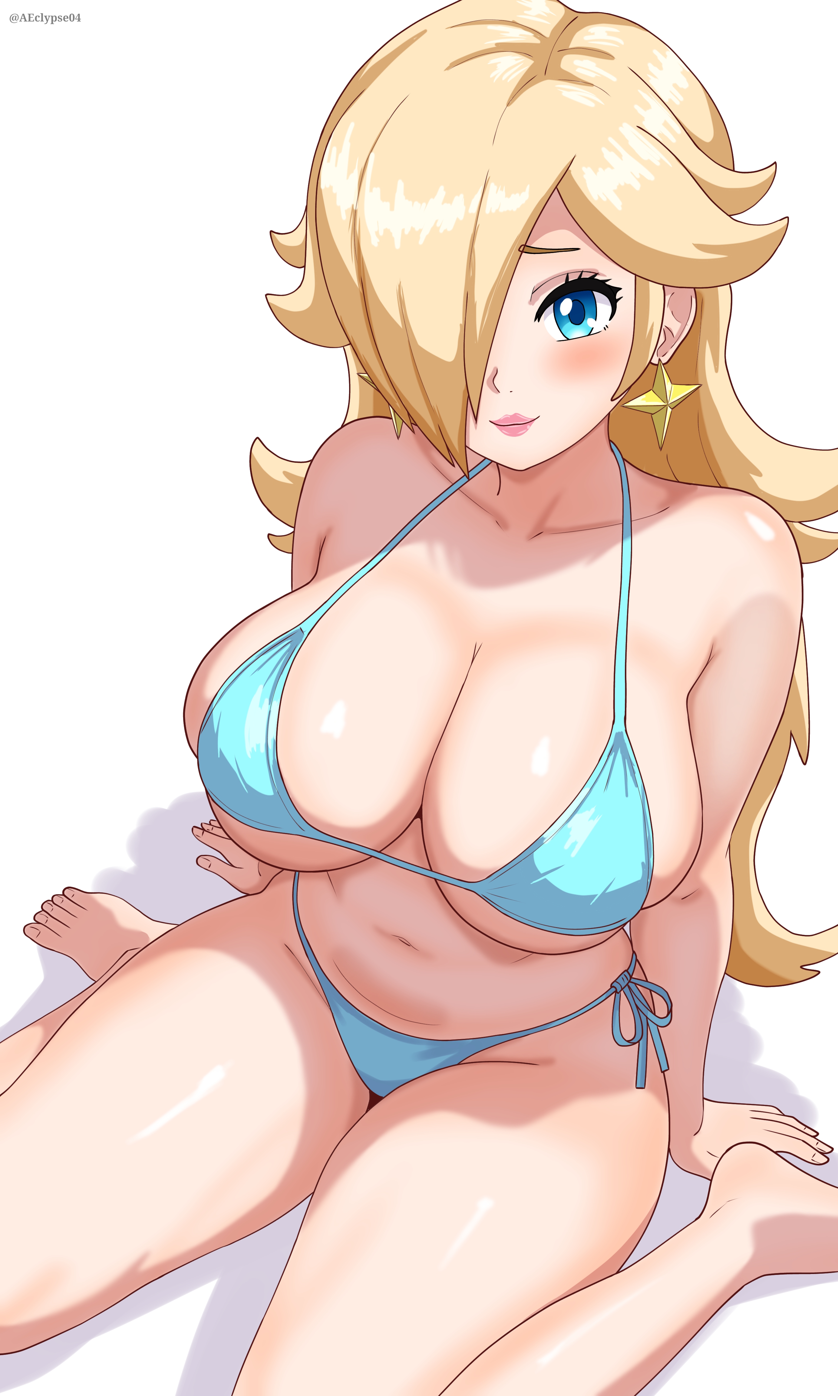eclyart, rosalina, mario (series), nintendo, super mario galaxy, absurdres, highres, 1girl, bikini, blonde hair, blue bikini, blue eyes, breasts, cleavage, collarbone, curvy, earrings, hair over one eye, jewelry, large breasts, lips, long hair, looking at viewer, navel, simple background, sitting, solo, star (symbol), star earrings, swimsuit, thighs, very long hair, wariza, white background