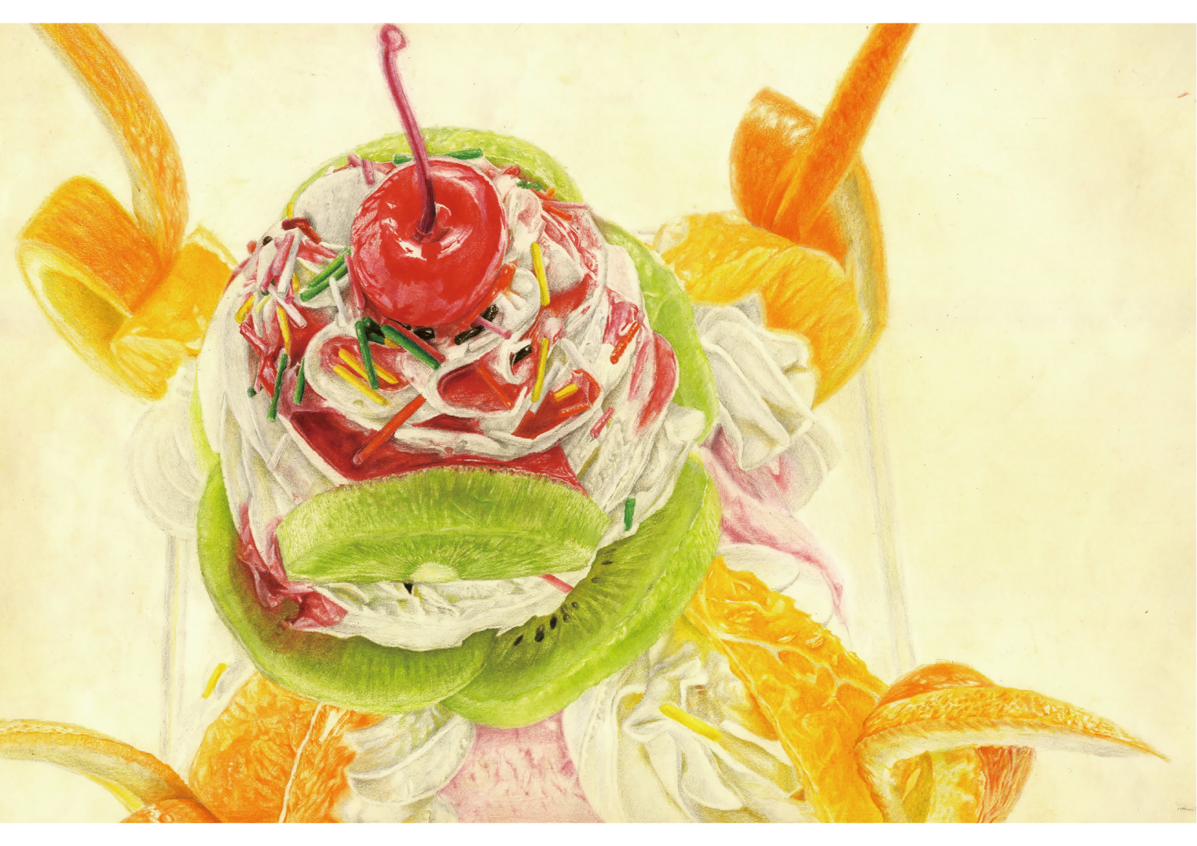 hagane yama, original, commentary request, highres, cherry, food, food focus, fruit, letterboxed, lime (fruit), lime slice, no humans, parfait, photorealistic, realistic, sprinkles
